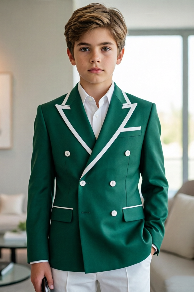 Deep Green & White‑Piping Contrast Trim Double‑Breasted Suit Blazer