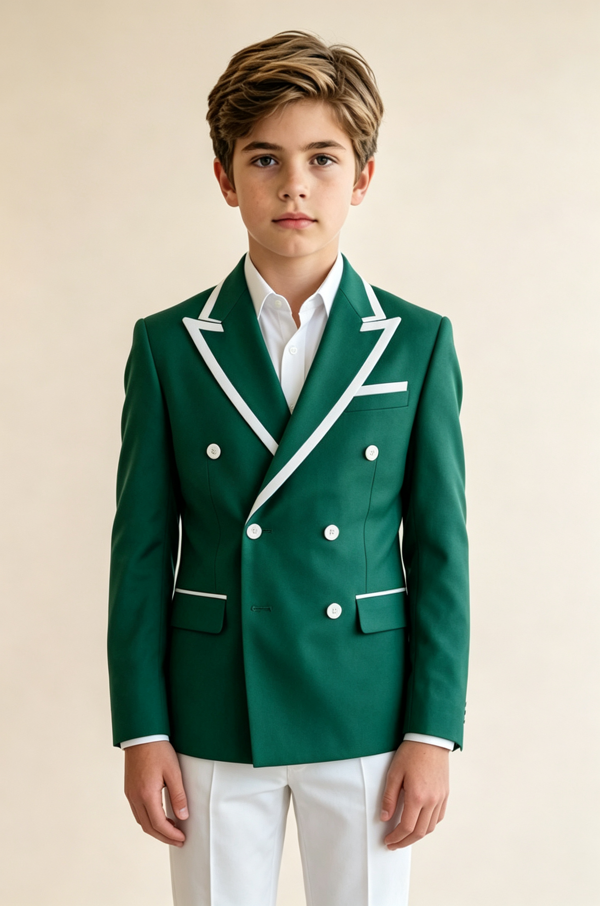 Deep Green & White‑Piping Contrast Trim Double‑Breasted Suit Blazer