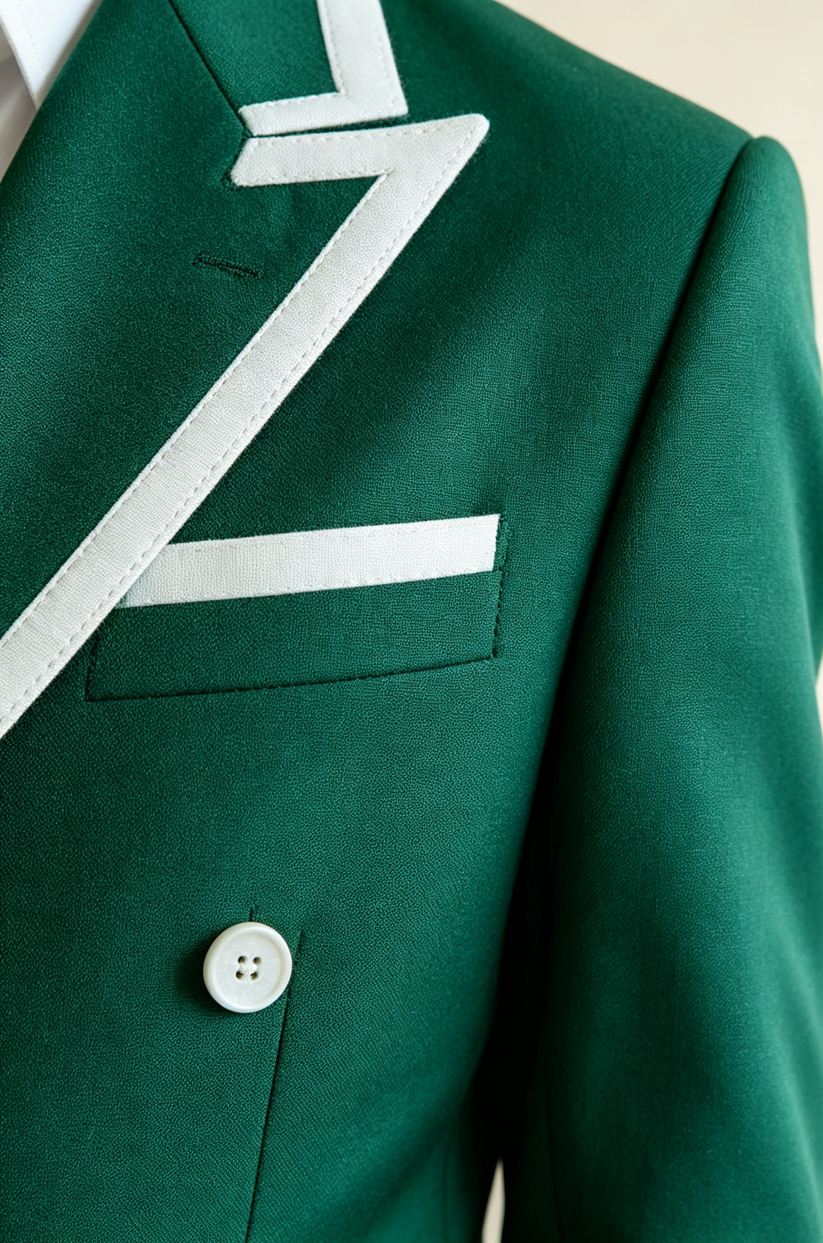 Deep Green & White‑Piping Contrast Trim Double‑Breasted Suit Blazer