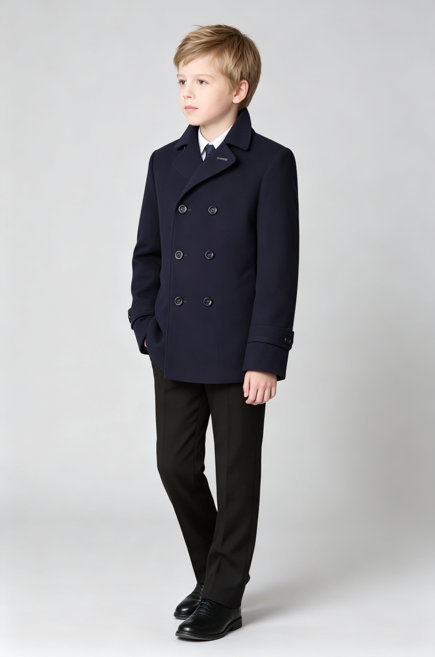 Navy‑Blue Blend Short Double‑Breasted Formal Overcoat