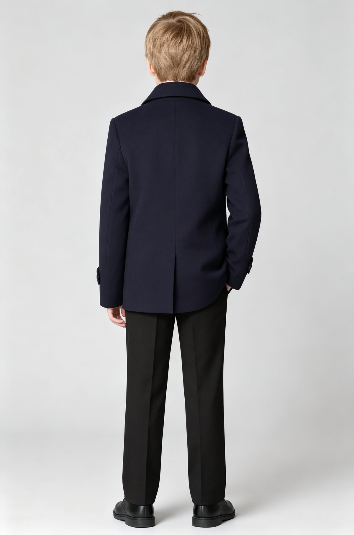 Navy‑Blue Blend Short Double‑Breasted Formal Overcoat