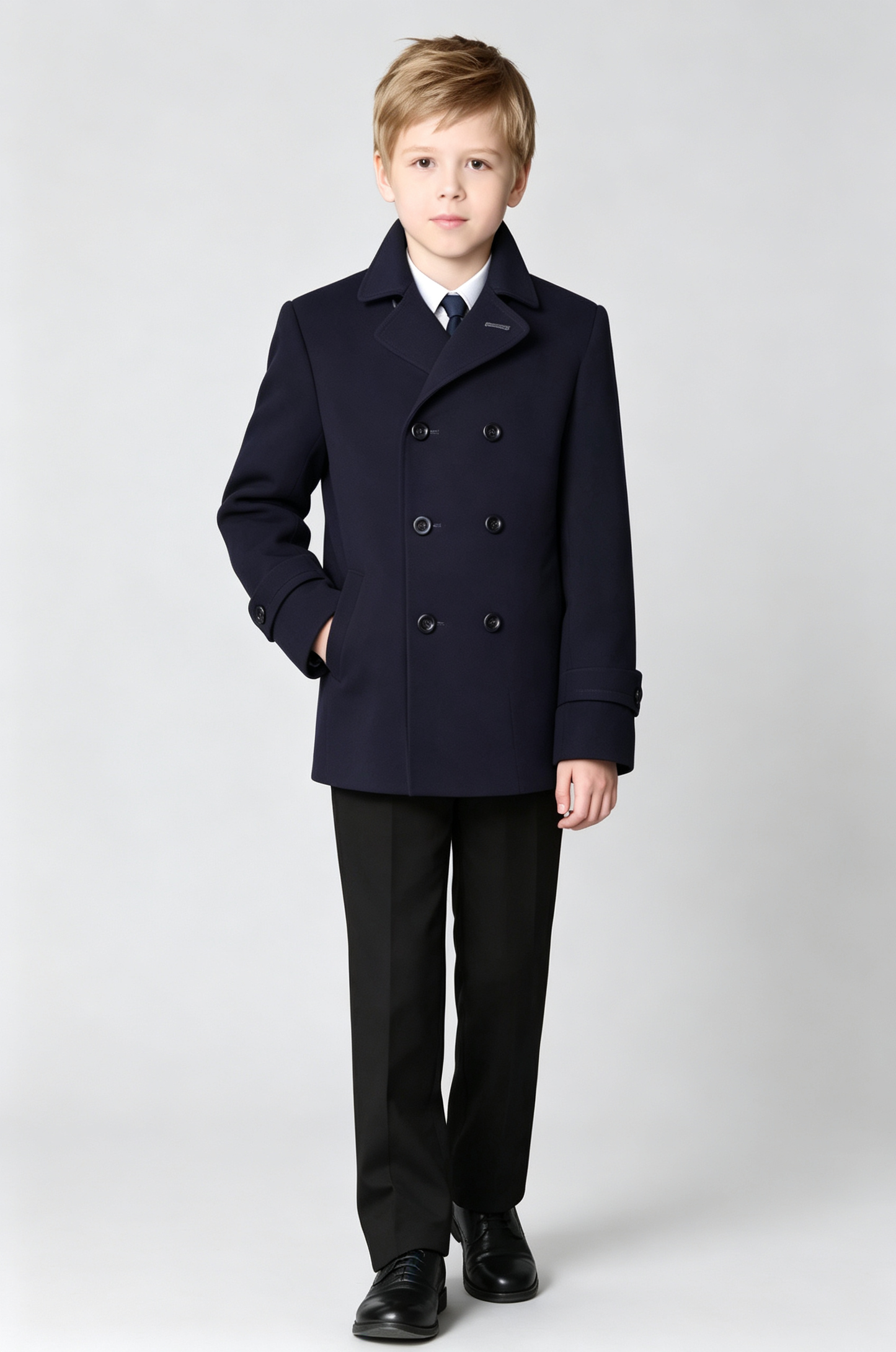 Navy‑Blue Blend Short Double‑Breasted Formal Overcoat