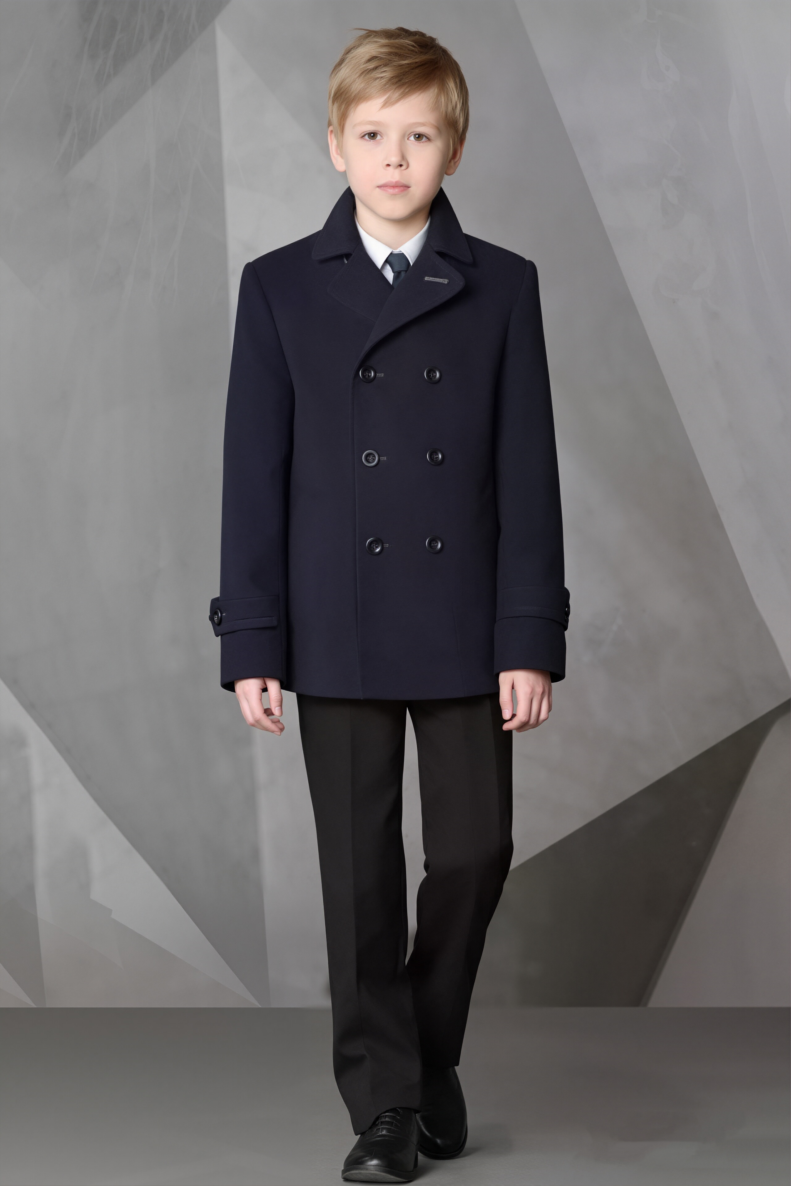 Navy‑Blue Blend Short Double‑Breasted Formal Overcoat