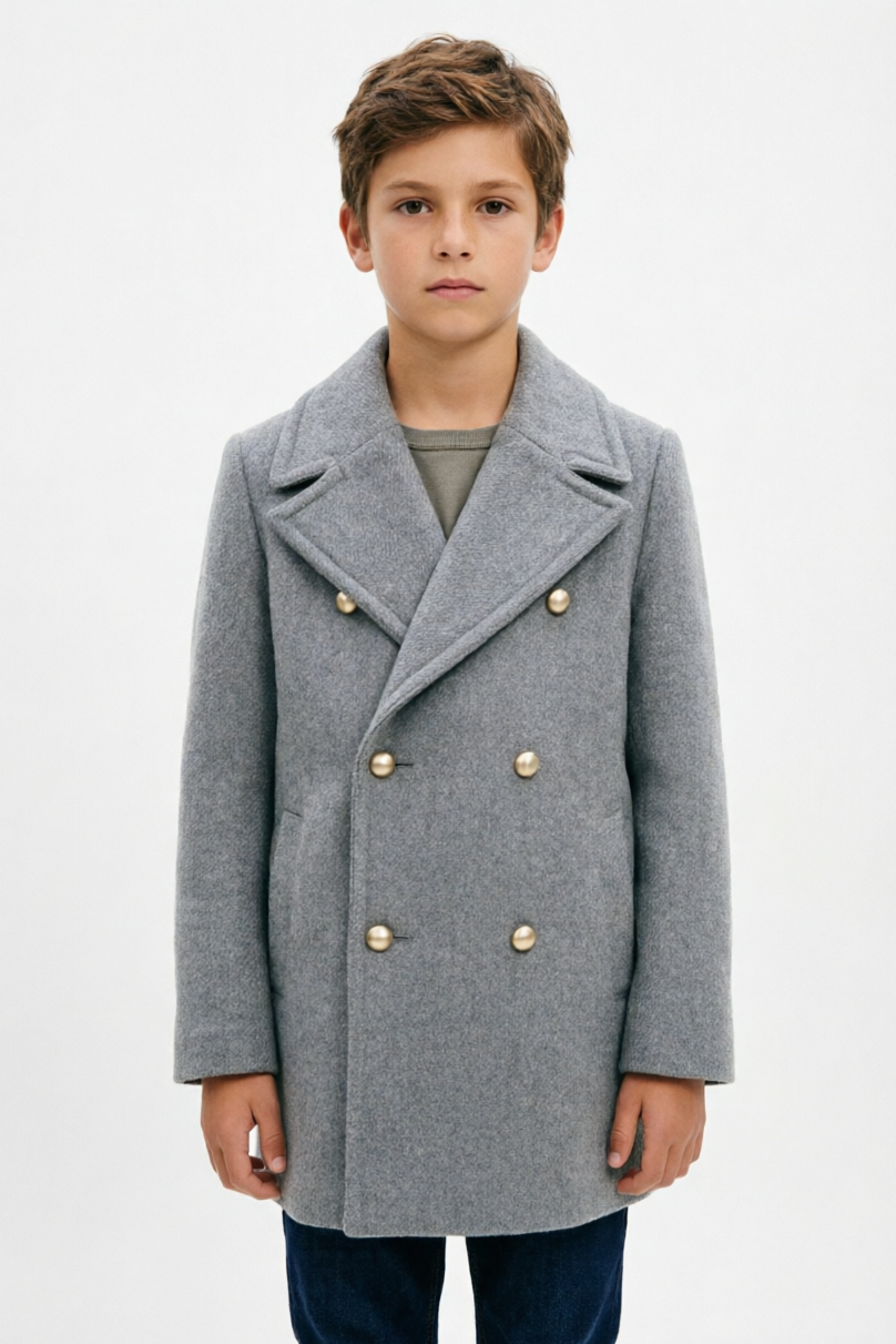 Light Grey Blend Mid‑Length Gold‑Button Double‑Breasted Formal Overcoat