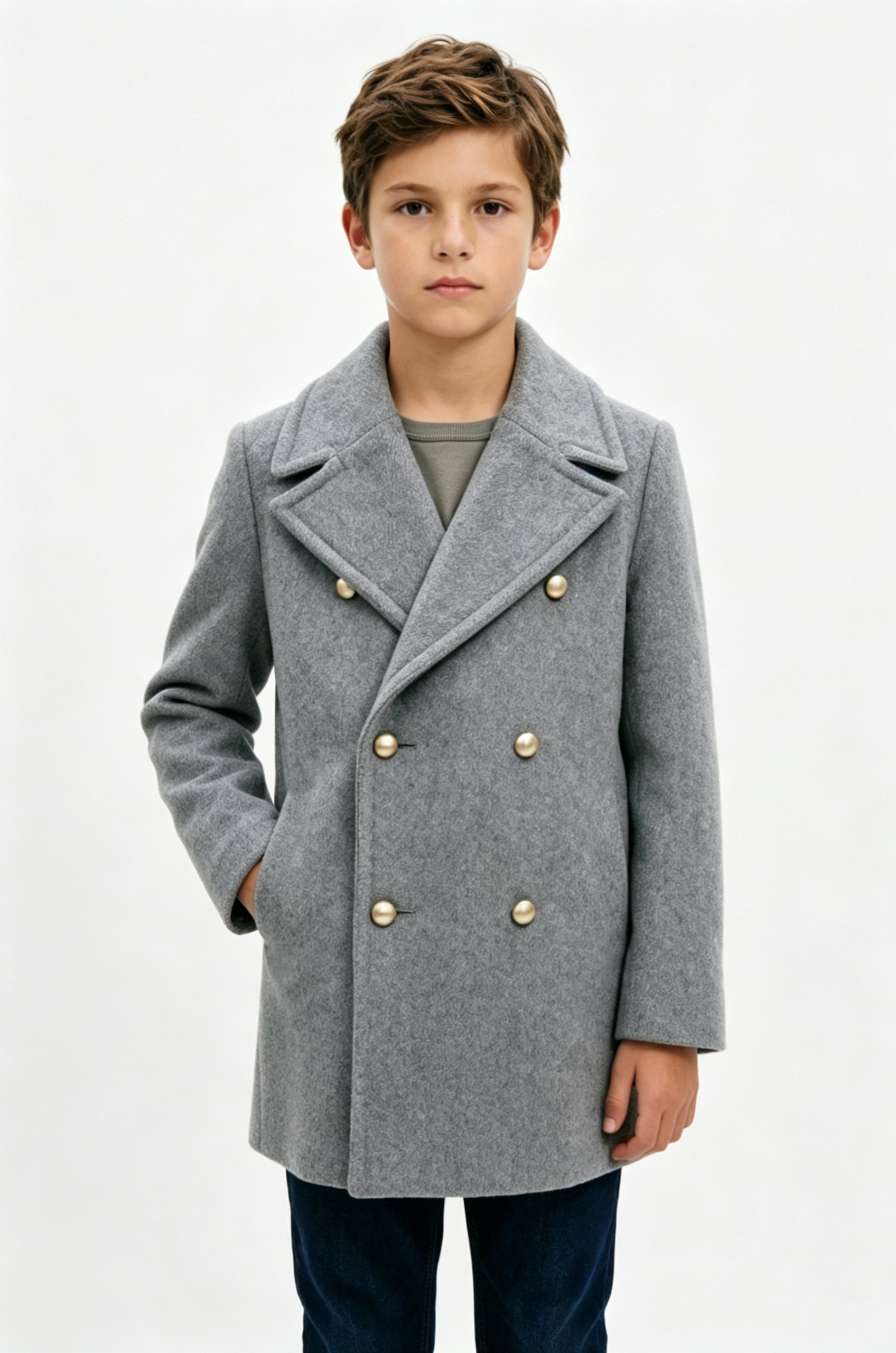 Light Grey Blend Mid‑Length Gold‑Button Double‑Breasted Formal Overcoat