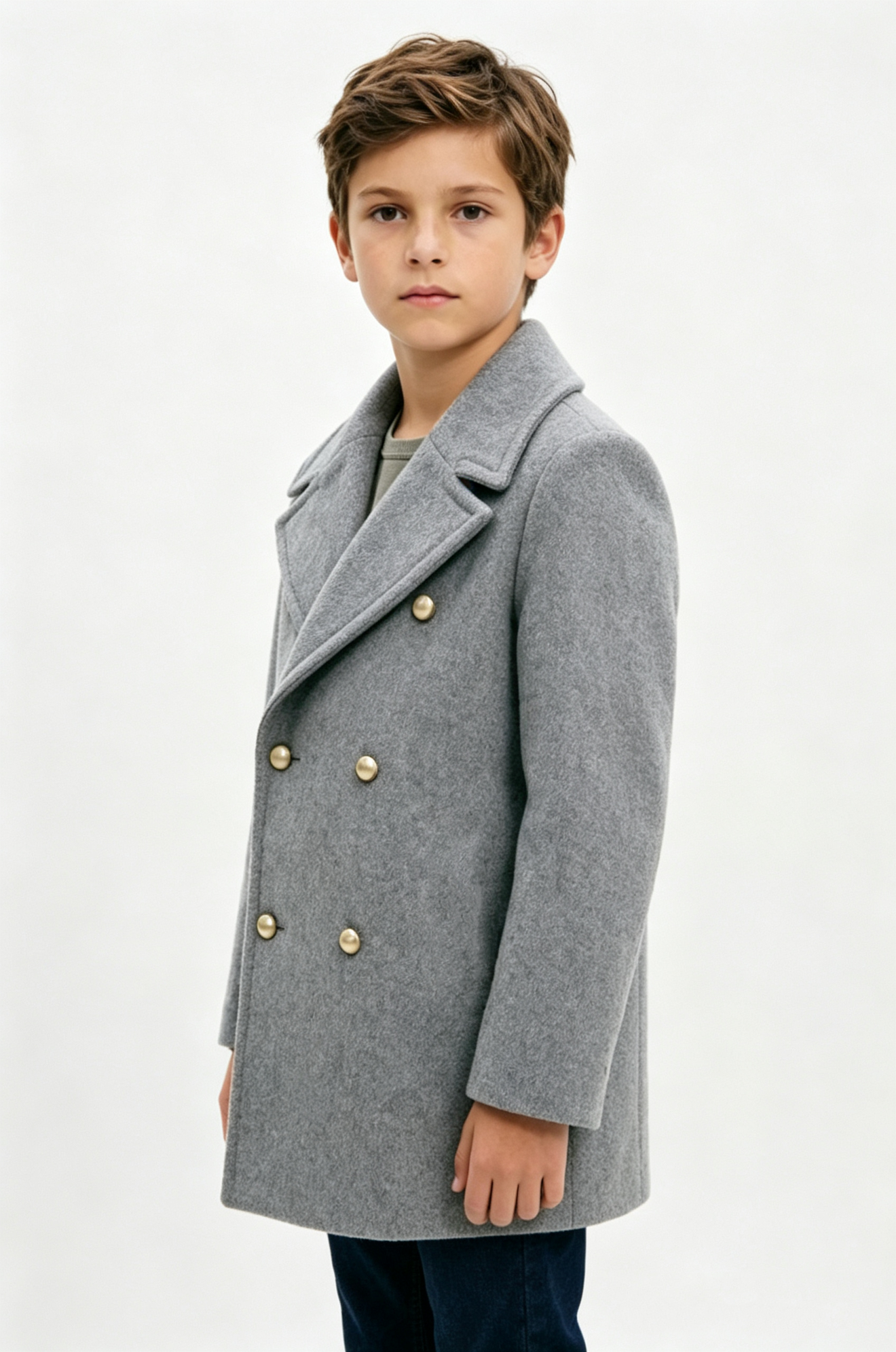 Light Grey Blend Mid‑Length Gold‑Button Double‑Breasted Formal Overcoat