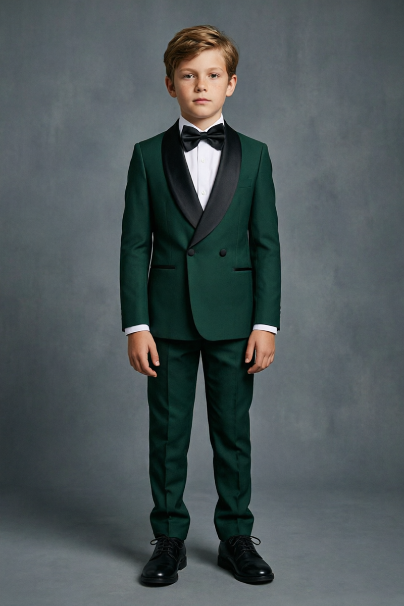 Boys Emerald‑Green Tuxedo with Black Shawl Lapel 2-Piece Suit for Weddings