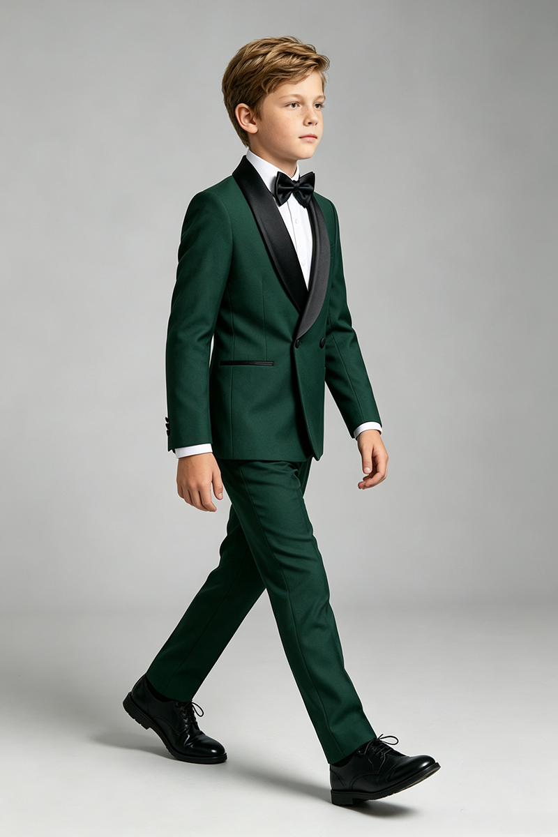 Boys Emerald‑Green Tuxedo with Black Shawl Lapel 2-Piece Suit for Weddings