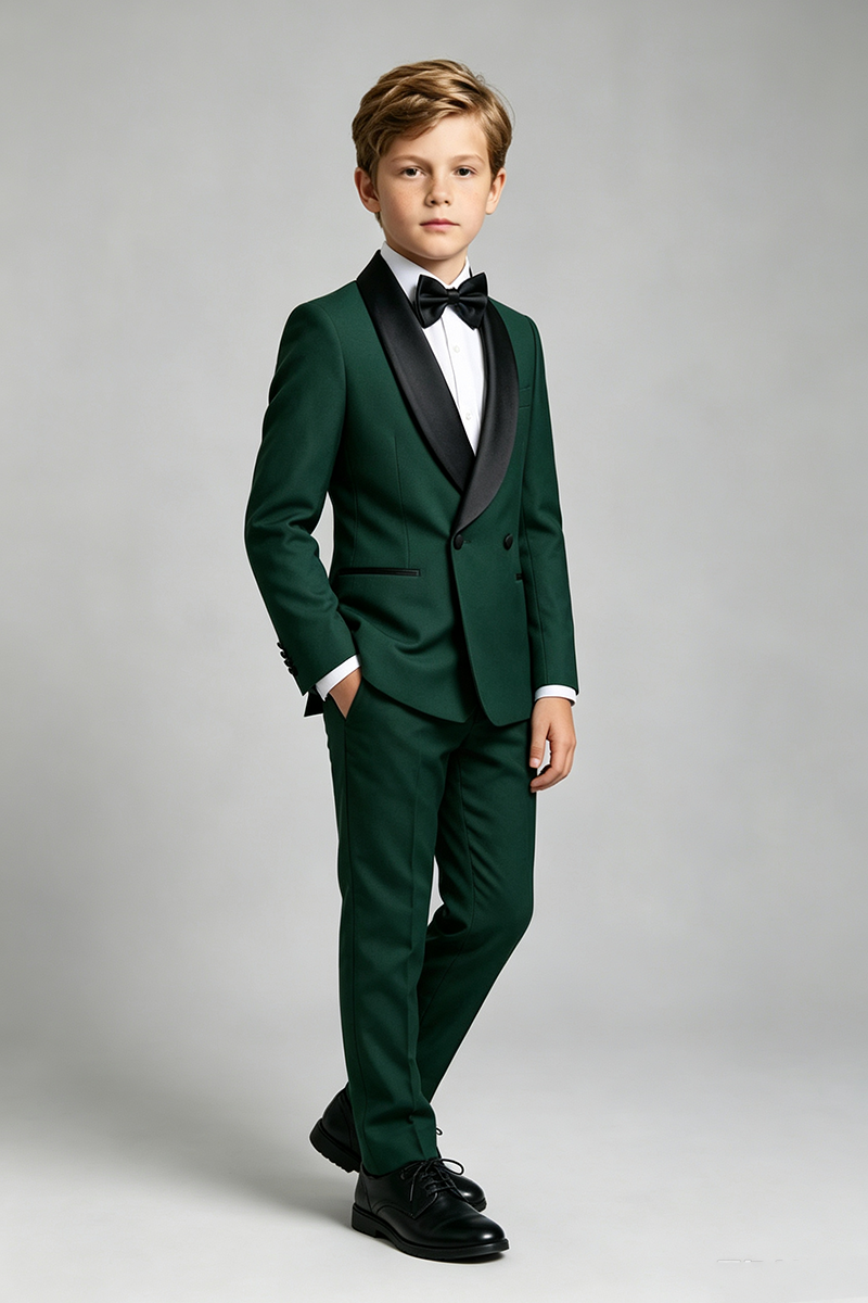 Boys Emerald‑Green Tuxedo with Black Shawl Lapel 2-Piece Suit for Weddings