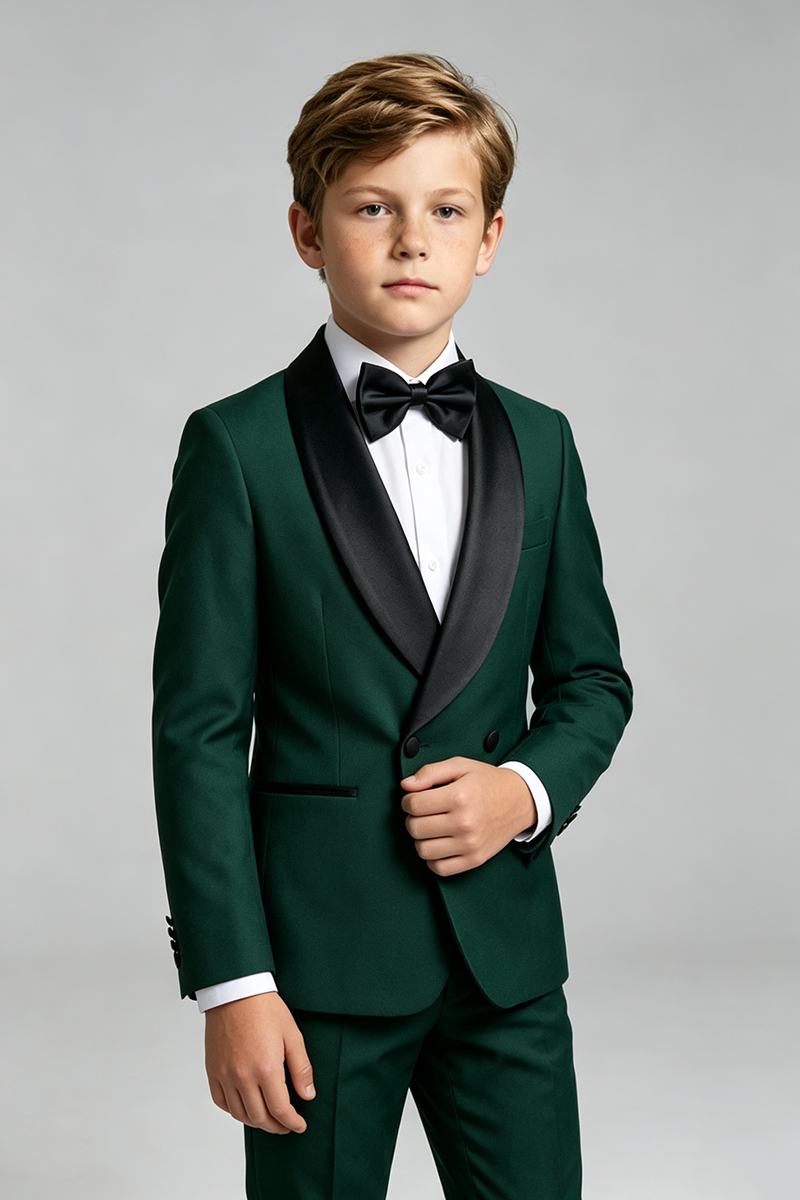 Boys Emerald‑Green Tuxedo with Black Shawl Lapel 2-Piece Suit for Weddings