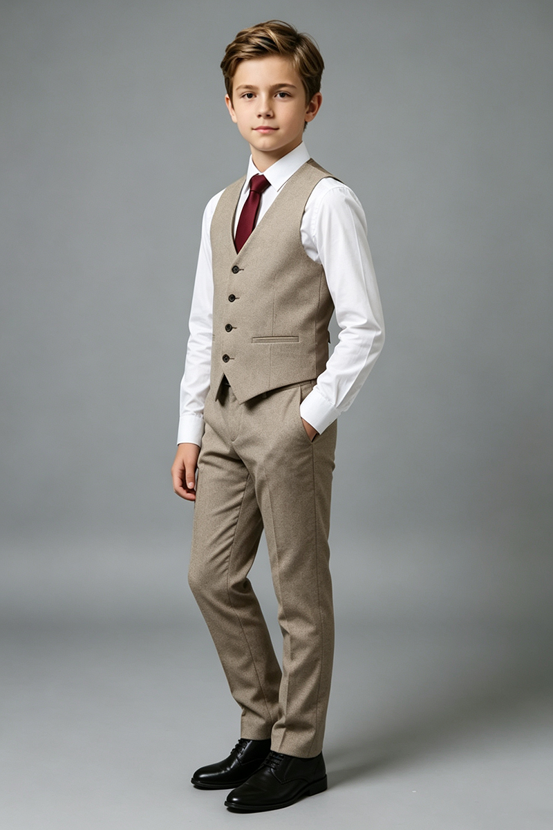 Boys Beig Waistcoat & Trousers 2-Piece Suit for Wedding