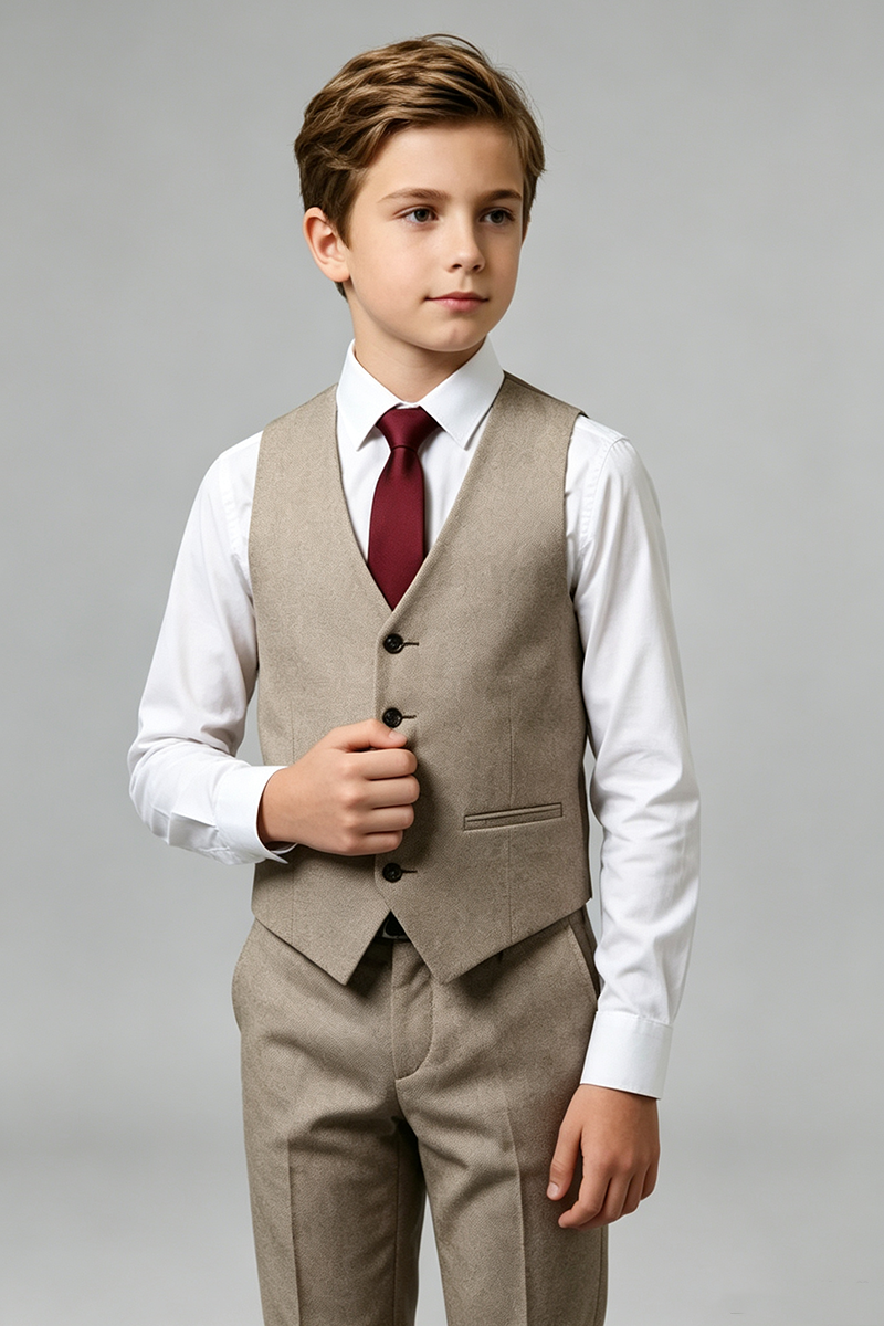 Boys Beig Waistcoat & Trousers 2-Piece Suit for Wedding