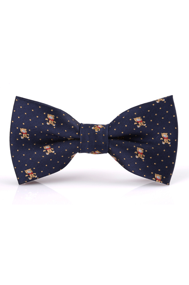 Navy Bear Embroidery Dot Jacquard Pre‑Tied Bow Tie
