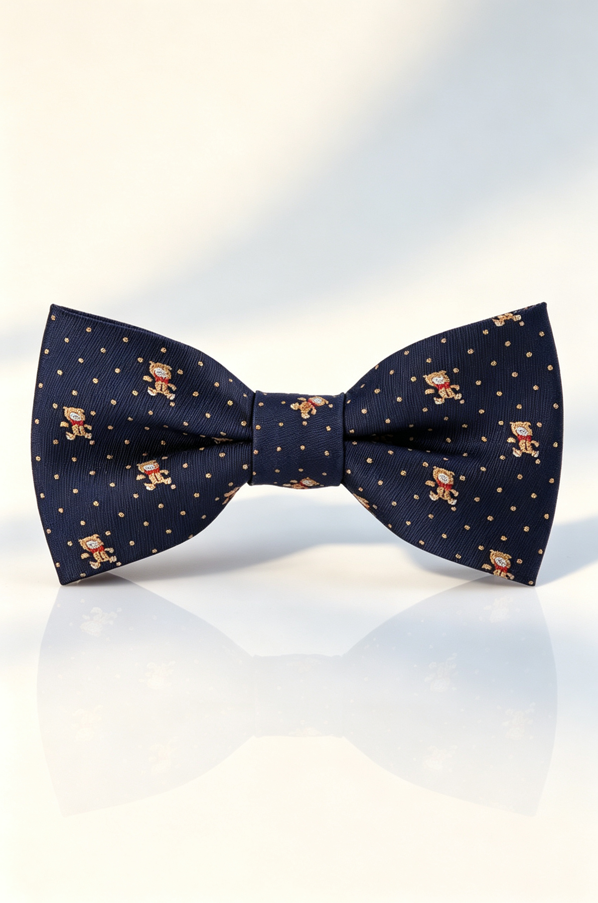 Navy Bear Embroidery Dot Jacquard Pre‑Tied Bow Tie