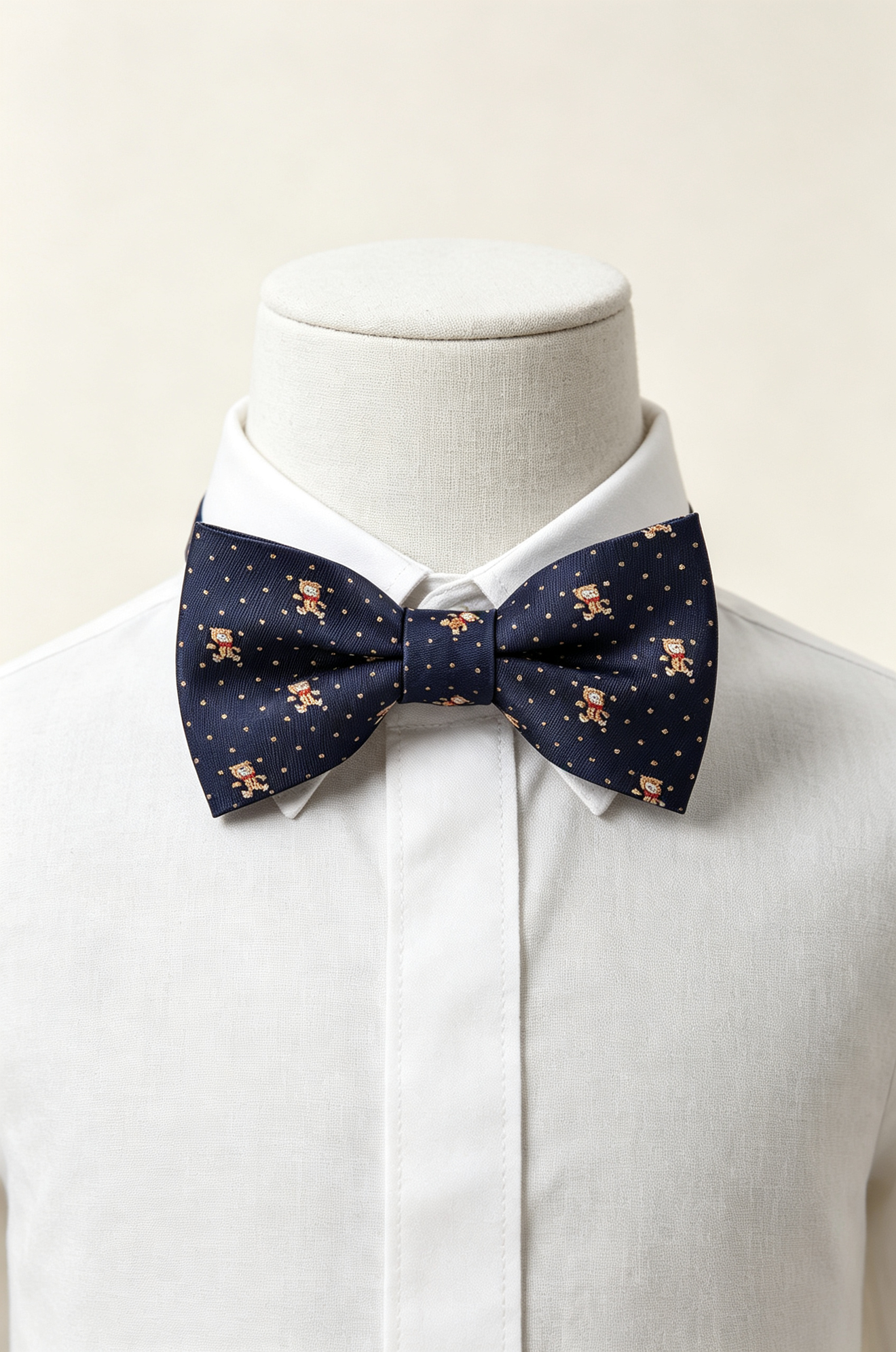 Navy Bear Embroidery Dot Jacquard Pre‑Tied Bow Tie