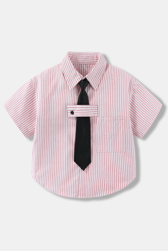 Light‑Blue Striped Cotton Short‑Sleeve Dress Shirt with Black Tie