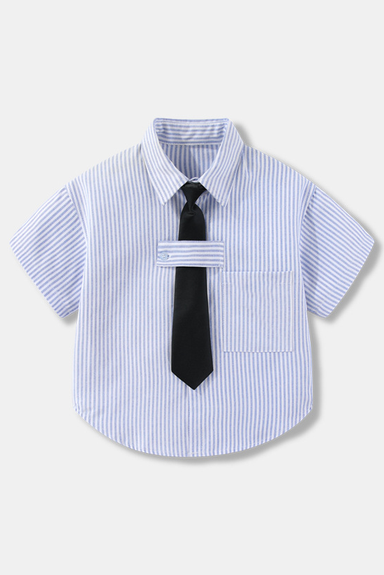 Light‑Blue Striped Cotton Short‑Sleeve Dress Shirt with Black Tie