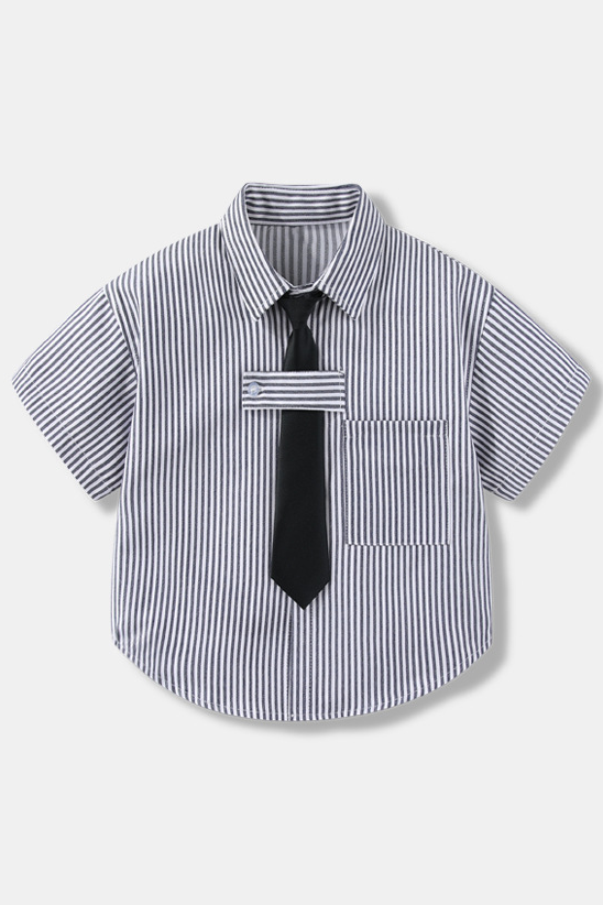 Light‑Blue Striped Cotton Short‑Sleeve Dress Shirt with Black Tie