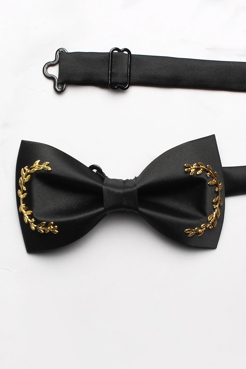 Boys Black  Bow Tie for Weddings with Golden Laurel Embellishment Detail