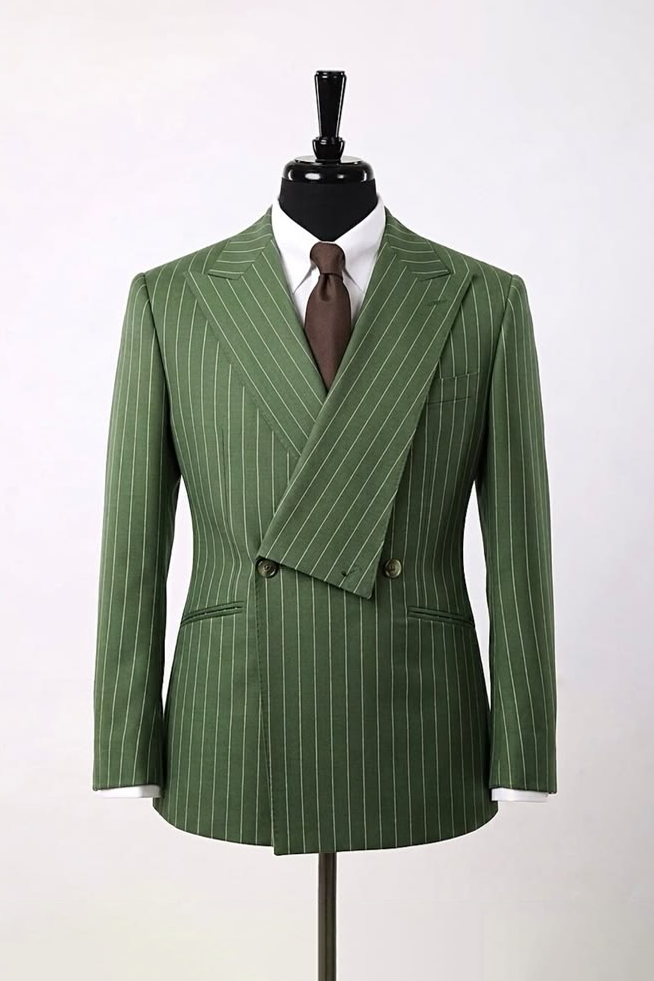 Dark‑Green Pinstripe Asymmetrical Lapel Formal Double‑Breasted Suit Blazer