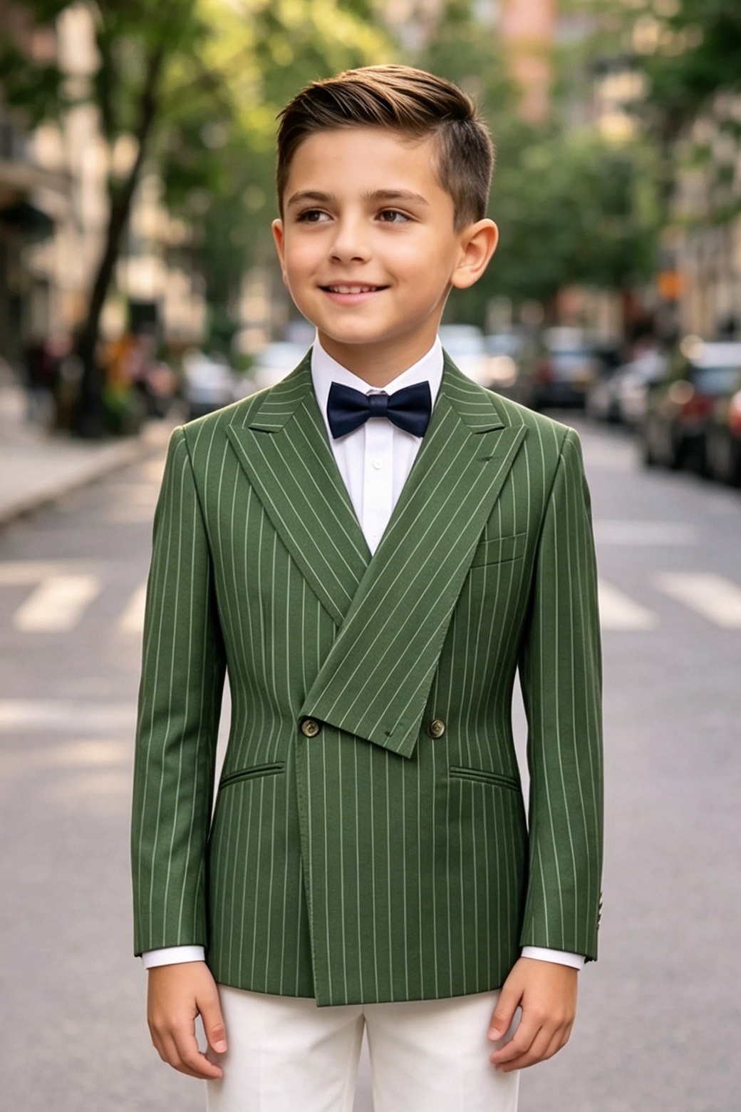 Dark‑Green Pinstripe Asymmetrical Lapel Formal Double‑Breasted Suit Blazer