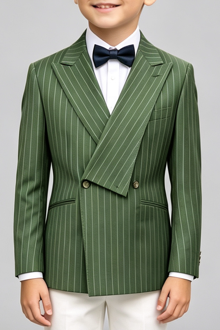 Dark‑Green Pinstripe Asymmetrical Lapel Formal Double‑Breasted Suit Blazer