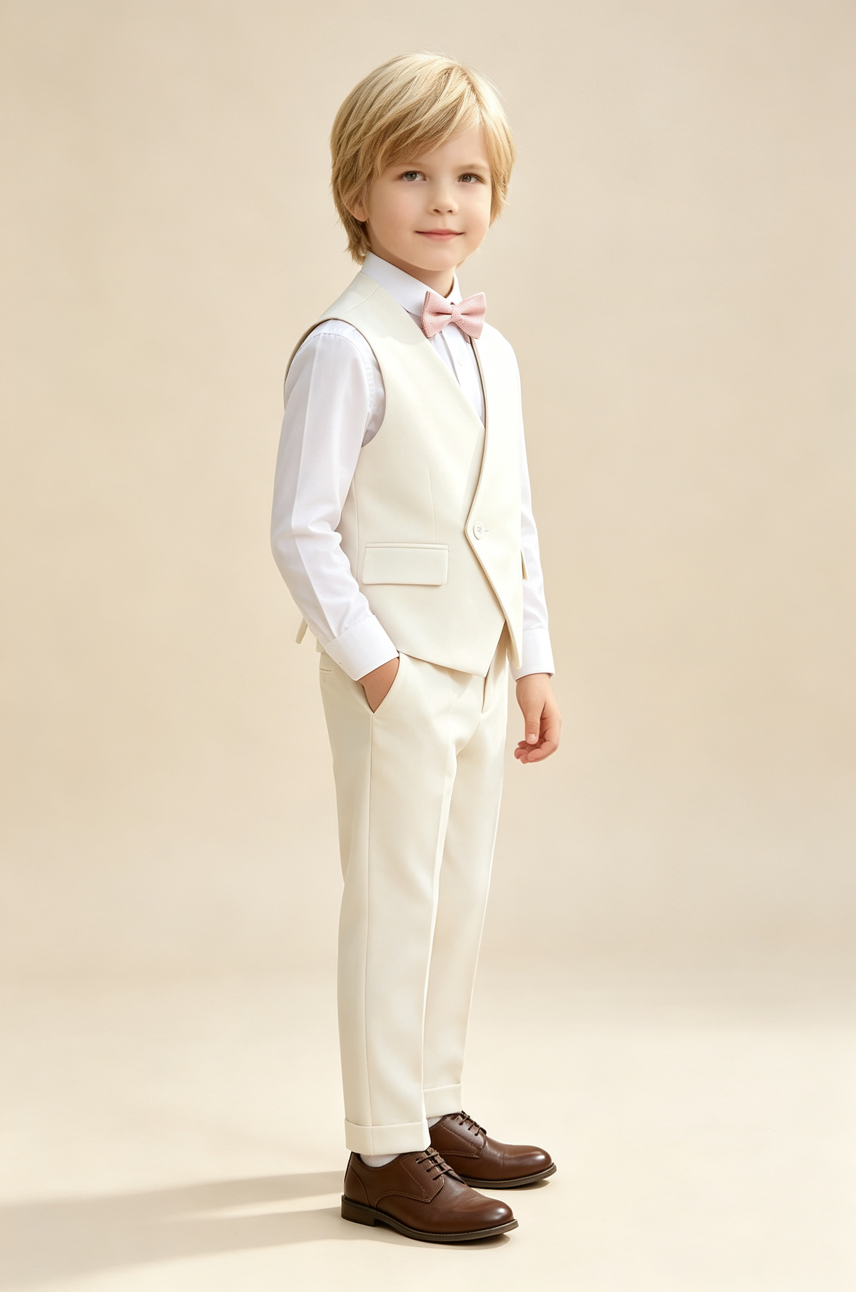 Cream White Minimalist V‑Neck Formal 2‑Piece Waistcoat Suit Set