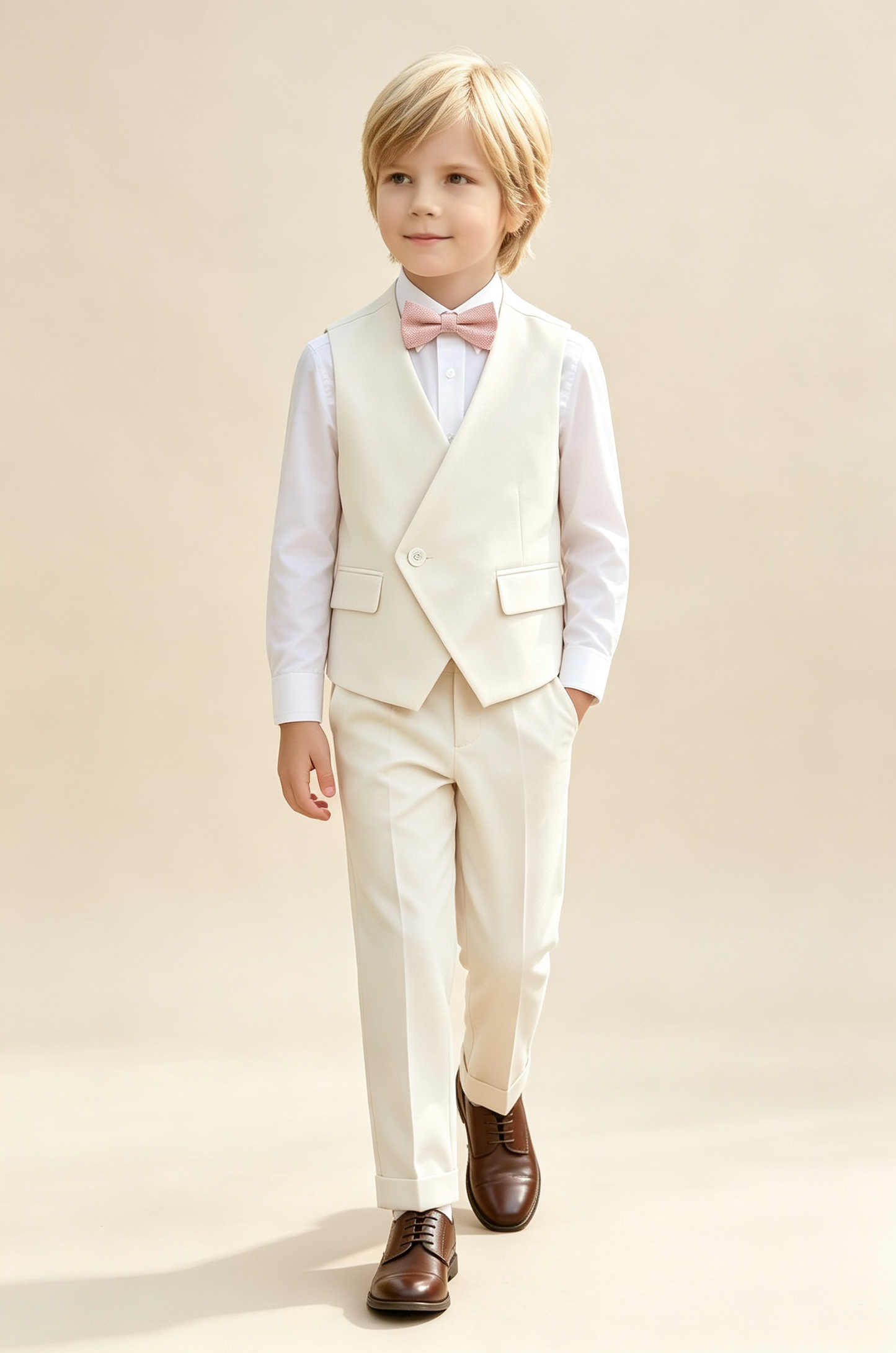 Cream White Minimalist V‑Neck Formal 2‑Piece Waistcoat Suit Set