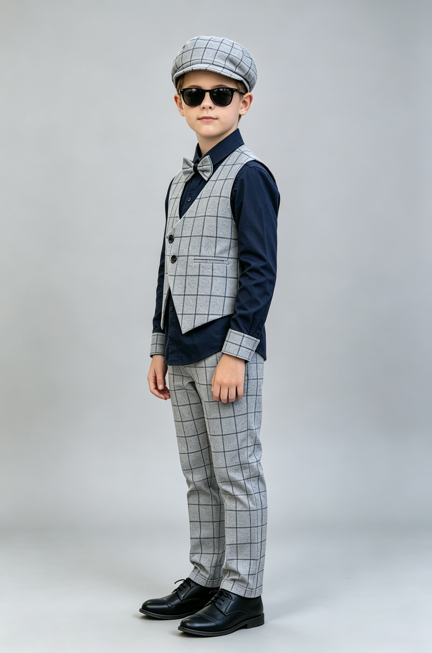 Light Grey Checkered V‑Neck Single‑Breasted 2‑Piece Waistcoat Suit Set