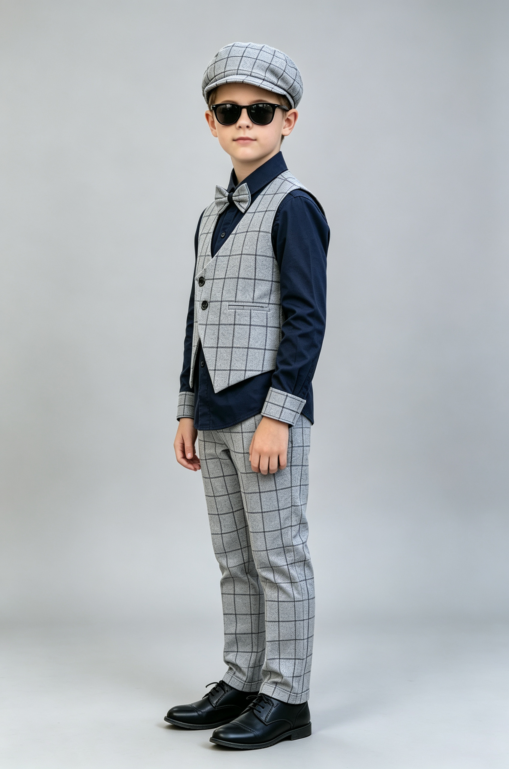Light Grey Checkered V‑Neck Single‑Breasted 2‑Piece Waistcoat Suit Set