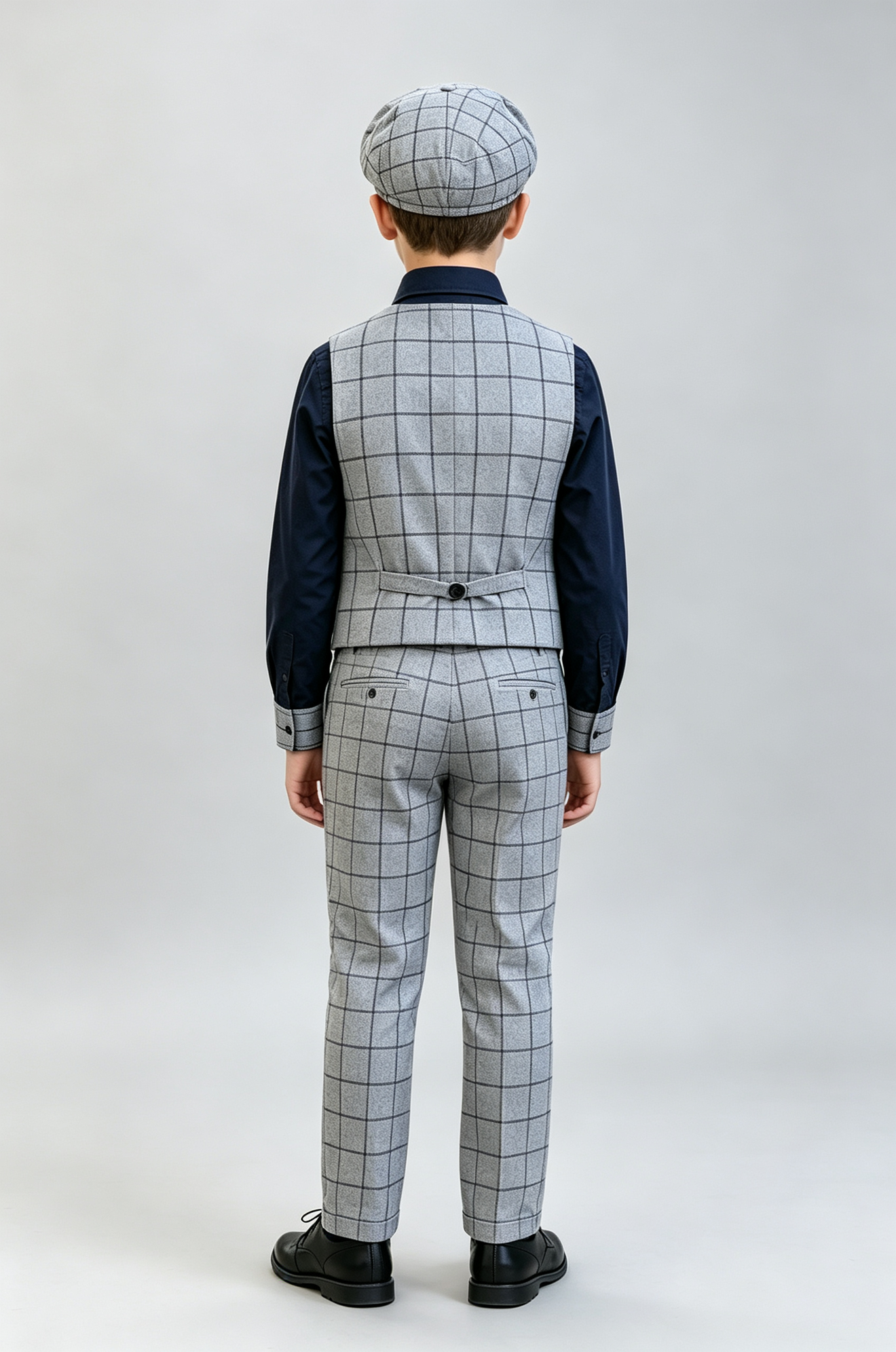 Light Grey Checkered V‑Neck Single‑Breasted 2‑Piece Waistcoat Suit Set