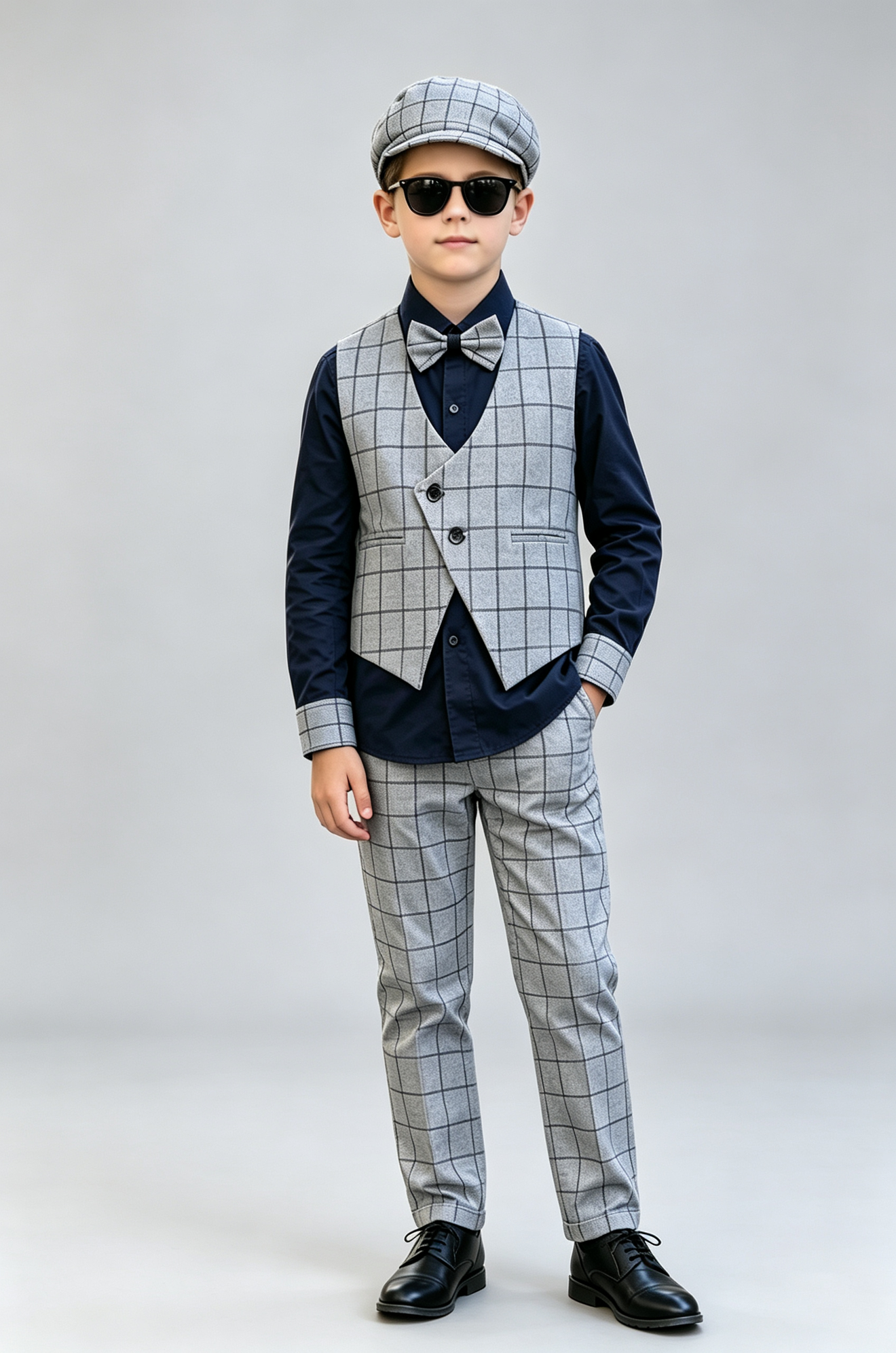 Light Grey Checkered V‑Neck Single‑Breasted 2‑Piece Waistcoat Suit Set