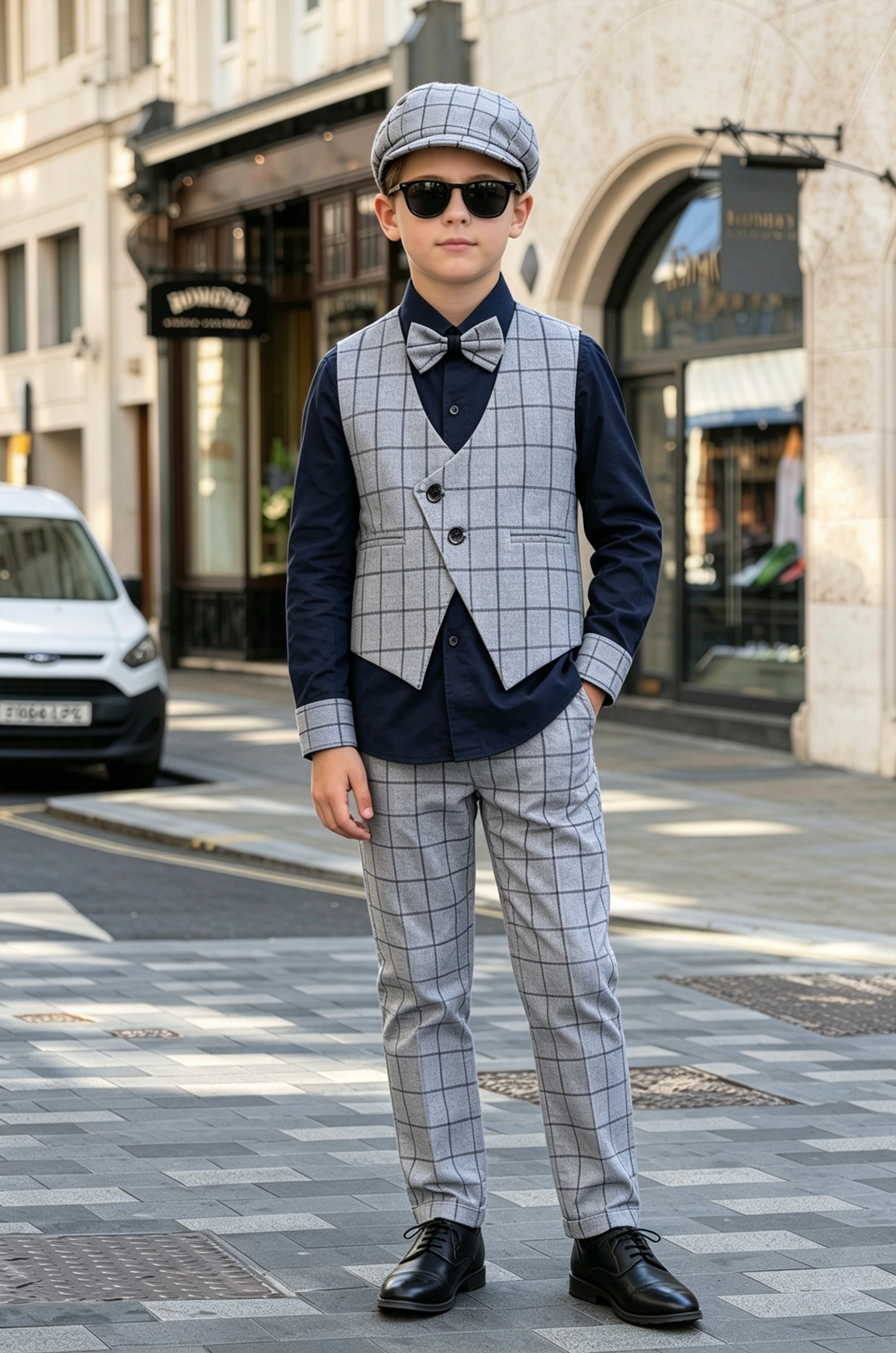 Light Grey Checkered V‑Neck Single‑Breasted 2‑Piece Waistcoat Suit Set