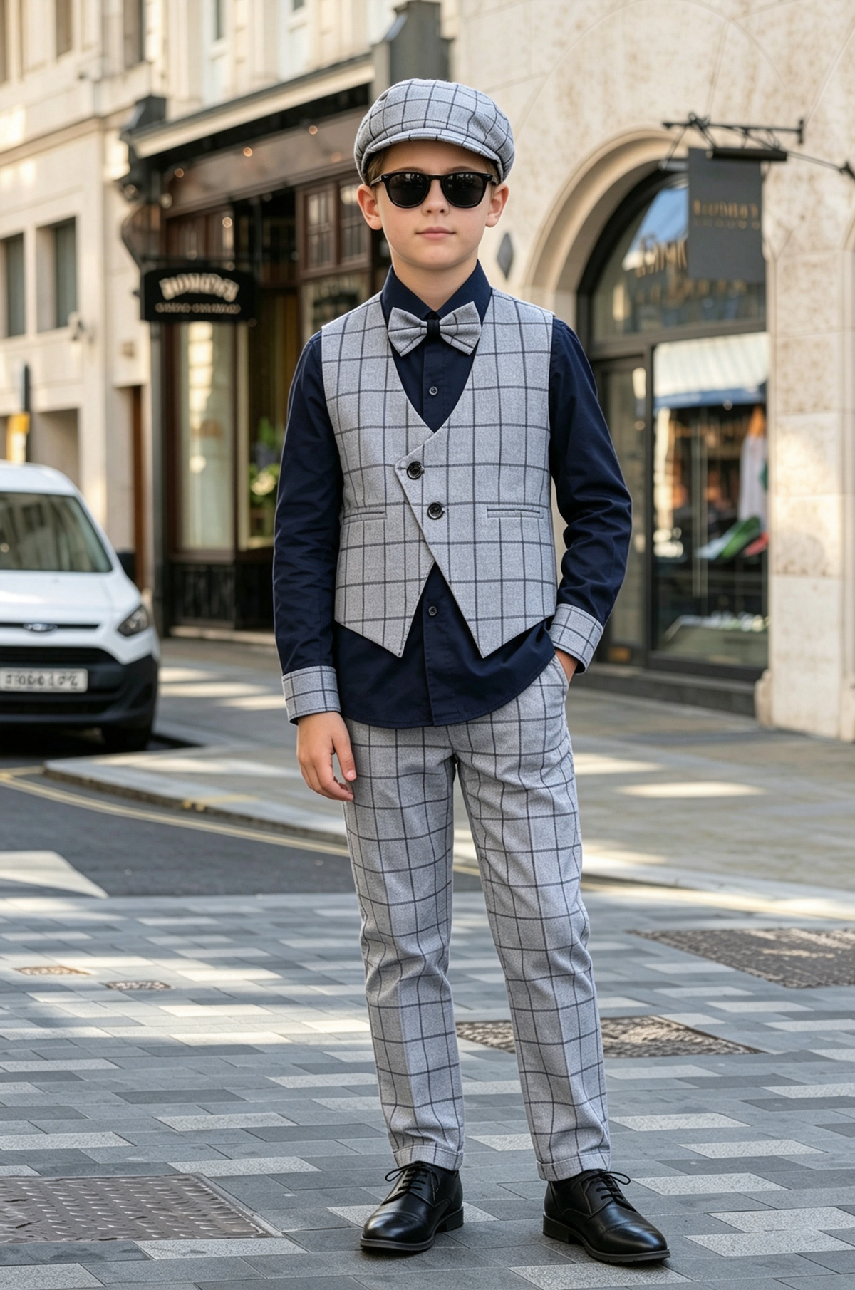 Light Grey Checkered V‑Neck Single‑Breasted 2‑Piece Waistcoat Suit Set