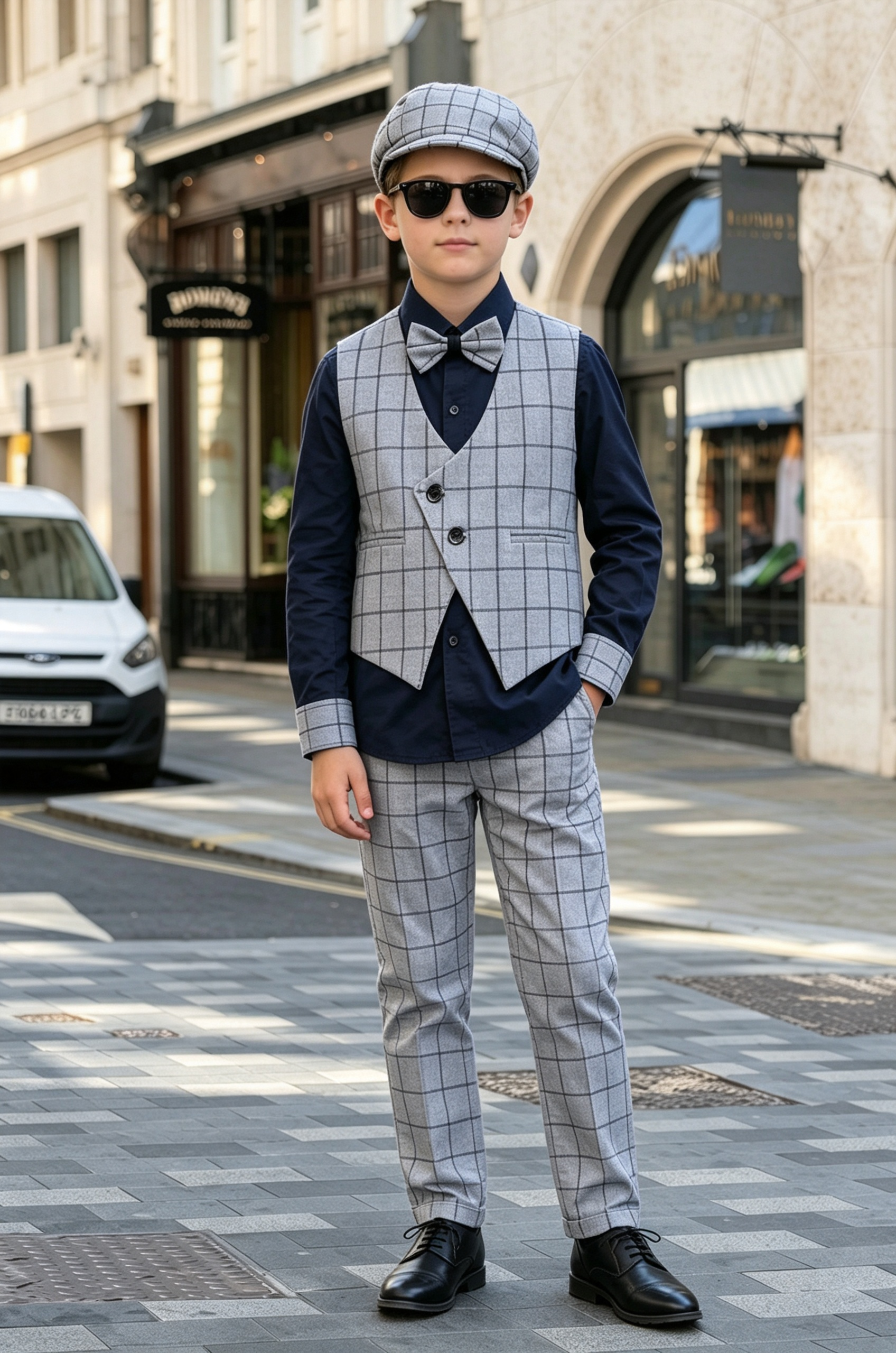 Light Grey Checkered V‑Neck Single‑Breasted 2‑Piece Waistcoat Suit Set