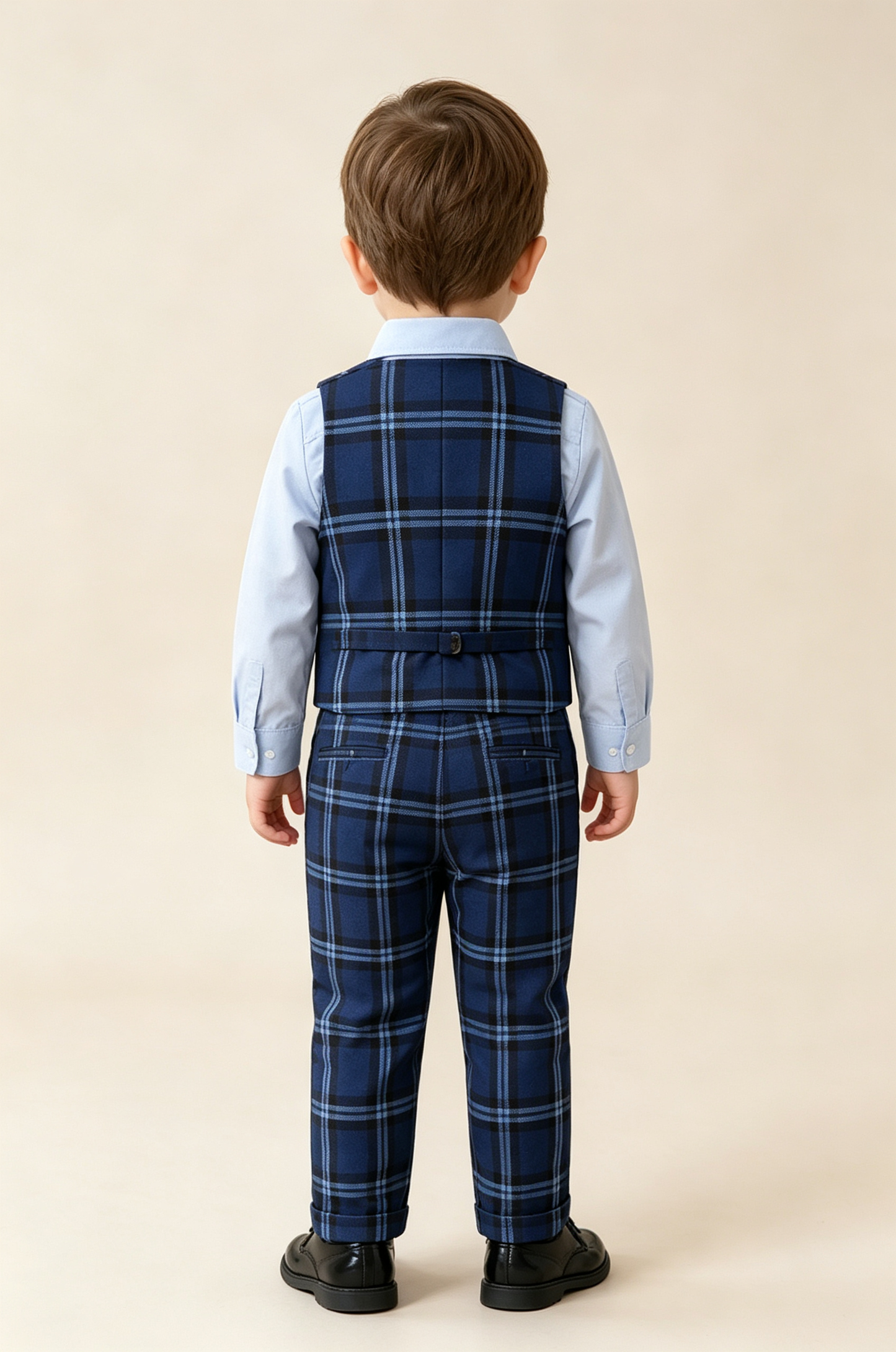 Navy Blue Plaid V‑Neck Single‑Breasted 2‑Piece Waistcoat Suit Set