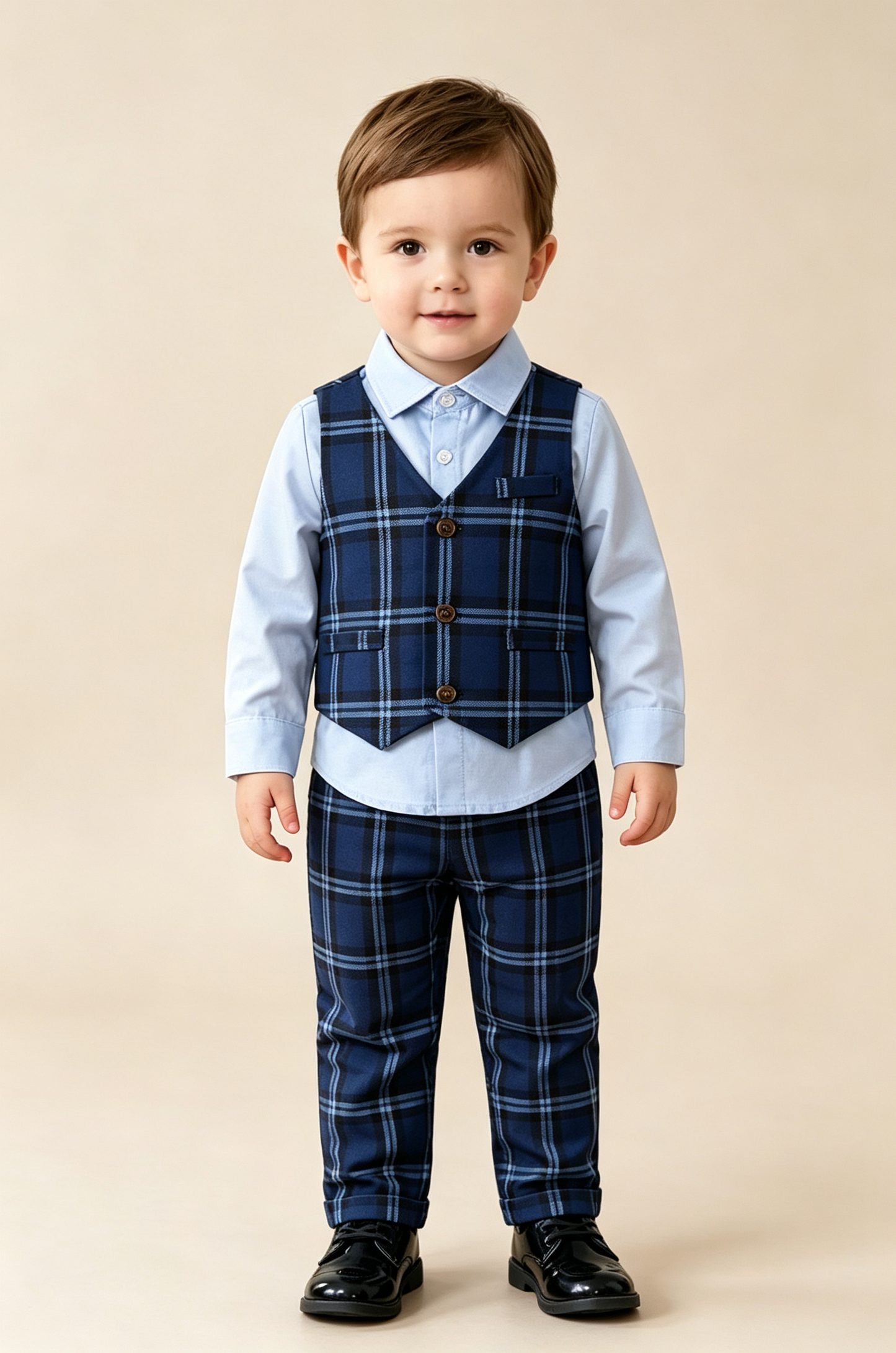 Navy Blue Plaid V‑Neck Single‑Breasted 2‑Piece Waistcoat Suit Set