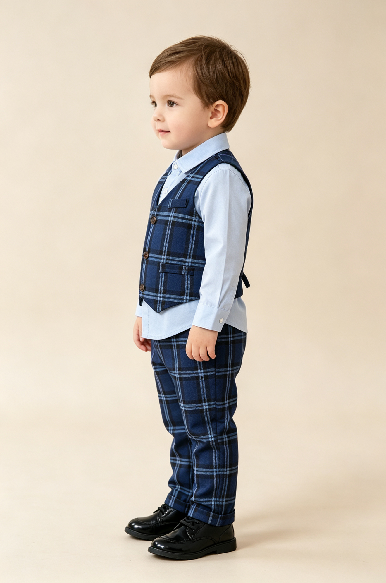 Navy Blue Plaid V‑Neck Single‑Breasted 2‑Piece Waistcoat Suit Set