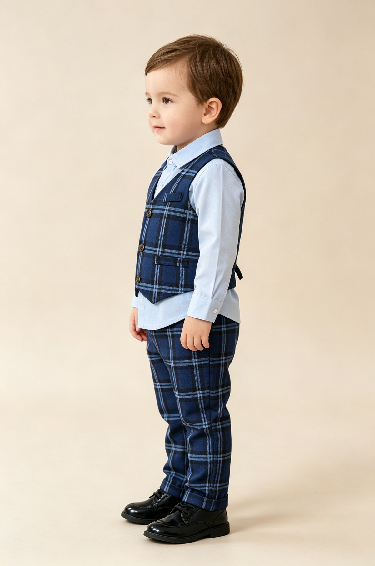Navy Blue Plaid V‑Neck Single‑Breasted 2‑Piece Waistcoat Suit Set