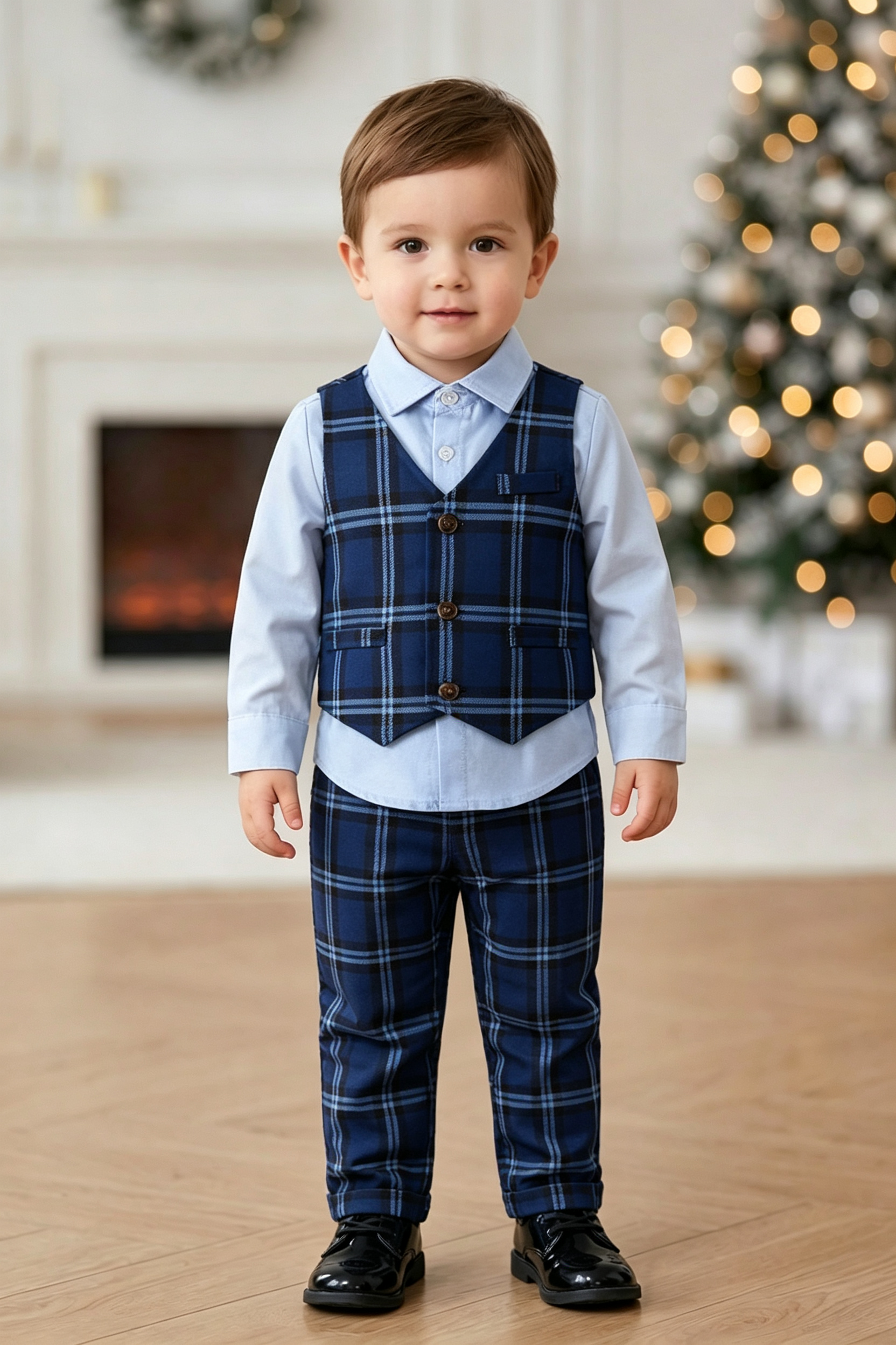 Navy Blue Plaid V‑Neck Single‑Breasted 2‑Piece Waistcoat Suit Set