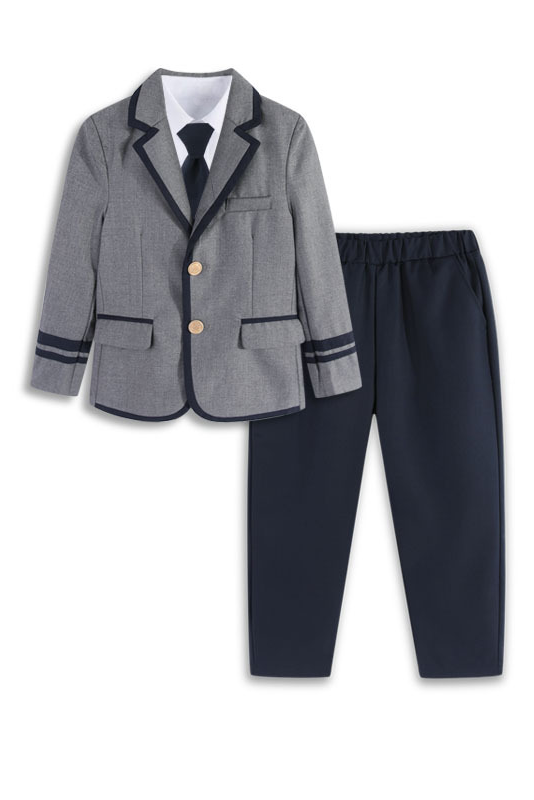 Grey and Navy Contrast Piping Single‑Breasted 2‑Piece Suit Set