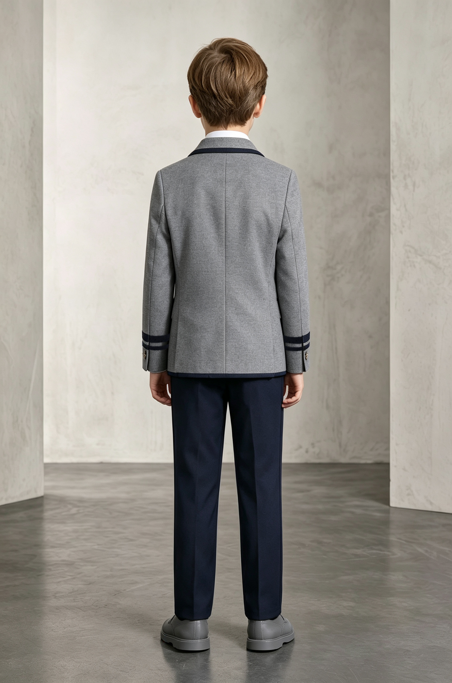 Grey and Navy Contrast Piping Single‑Breasted 2‑Piece Suit Set