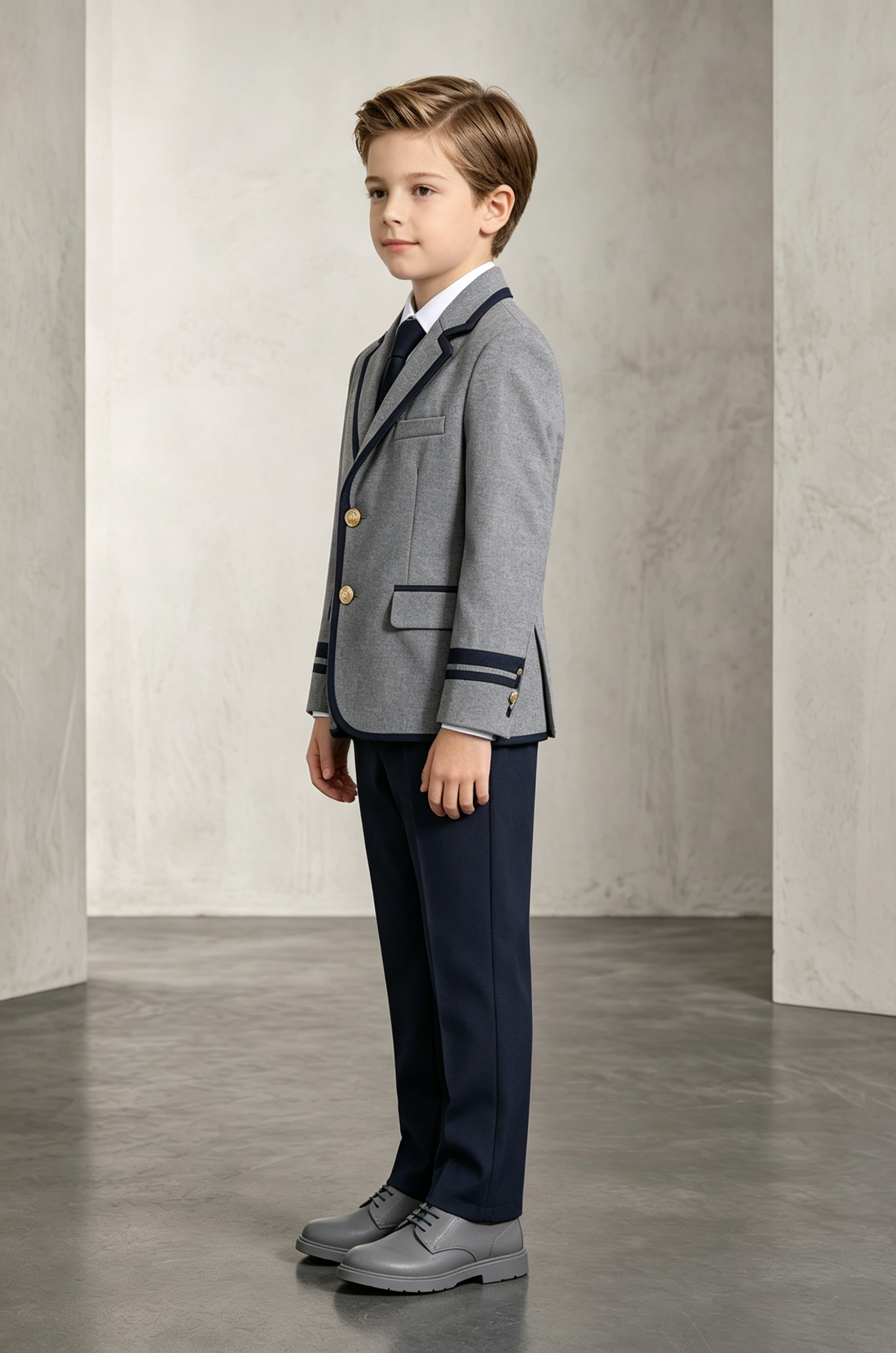 Grey and Navy Contrast Piping Single‑Breasted 2‑Piece Suit Set