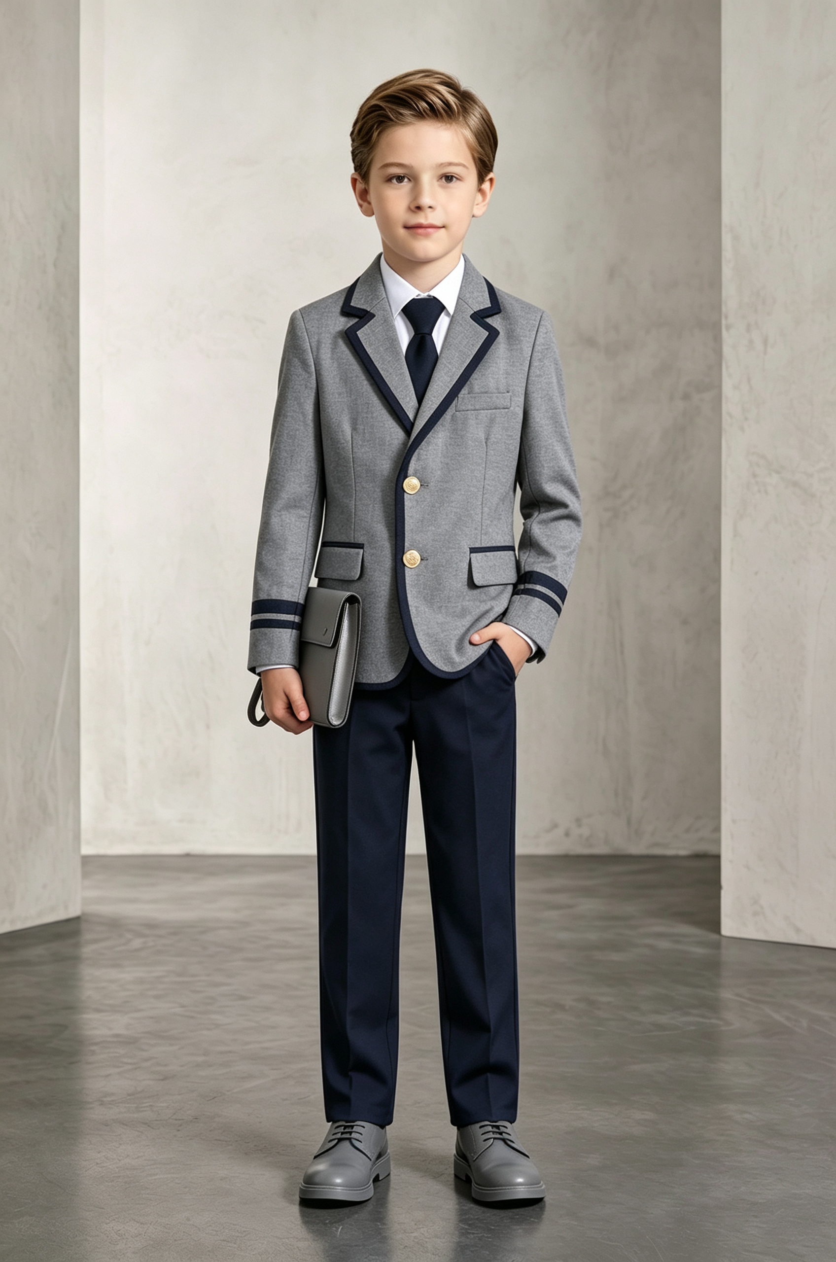 Grey and Navy Contrast Piping Single‑Breasted 2‑Piece Suit Set