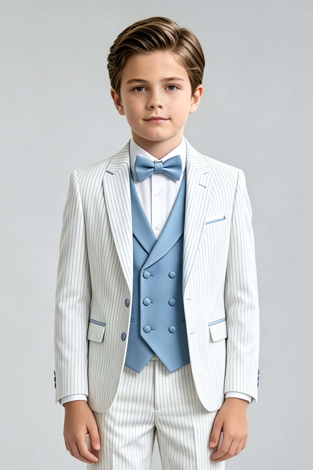 White & Sky‑Blue Pinstripe Single‑Breasted Formal 3‑Piece Suit Set