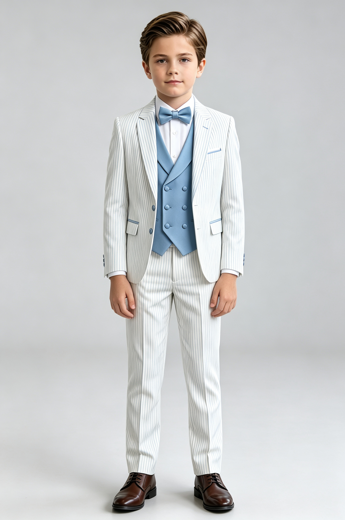 White & Sky‑Blue Pinstripe Single‑Breasted Formal 3‑Piece Suit Set