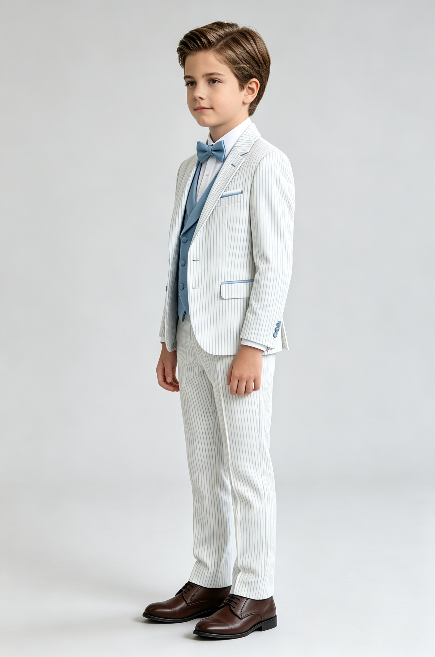 White & Sky‑Blue Pinstripe Single‑Breasted Formal 3‑Piece Suit Set