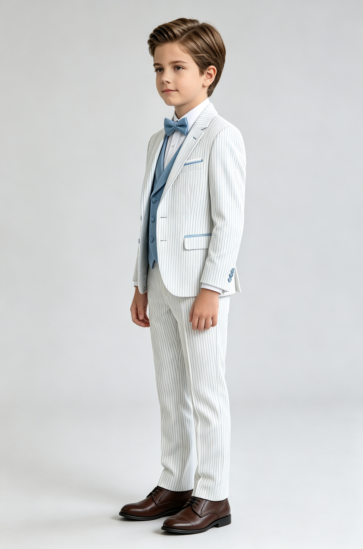White & Sky‑Blue Pinstripe Single‑Breasted Formal 3‑Piece Suit Set