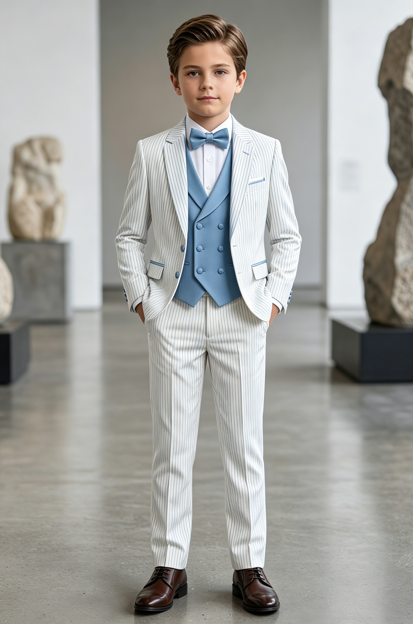 White & Sky‑Blue Pinstripe Single‑Breasted Formal 3‑Piece Suit Set