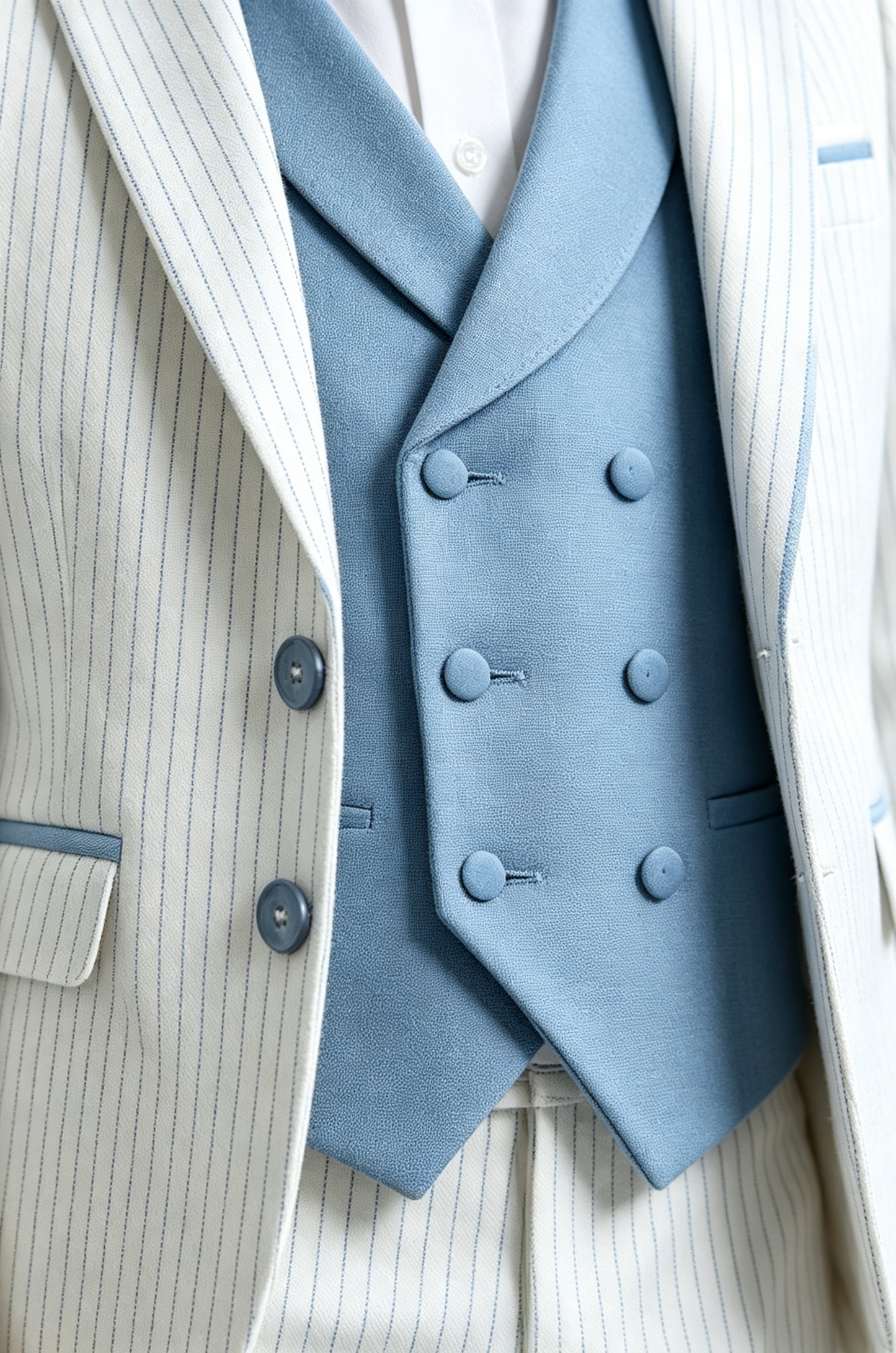 White & Sky‑Blue Pinstripe Single‑Breasted Formal 3‑Piece Suit Set